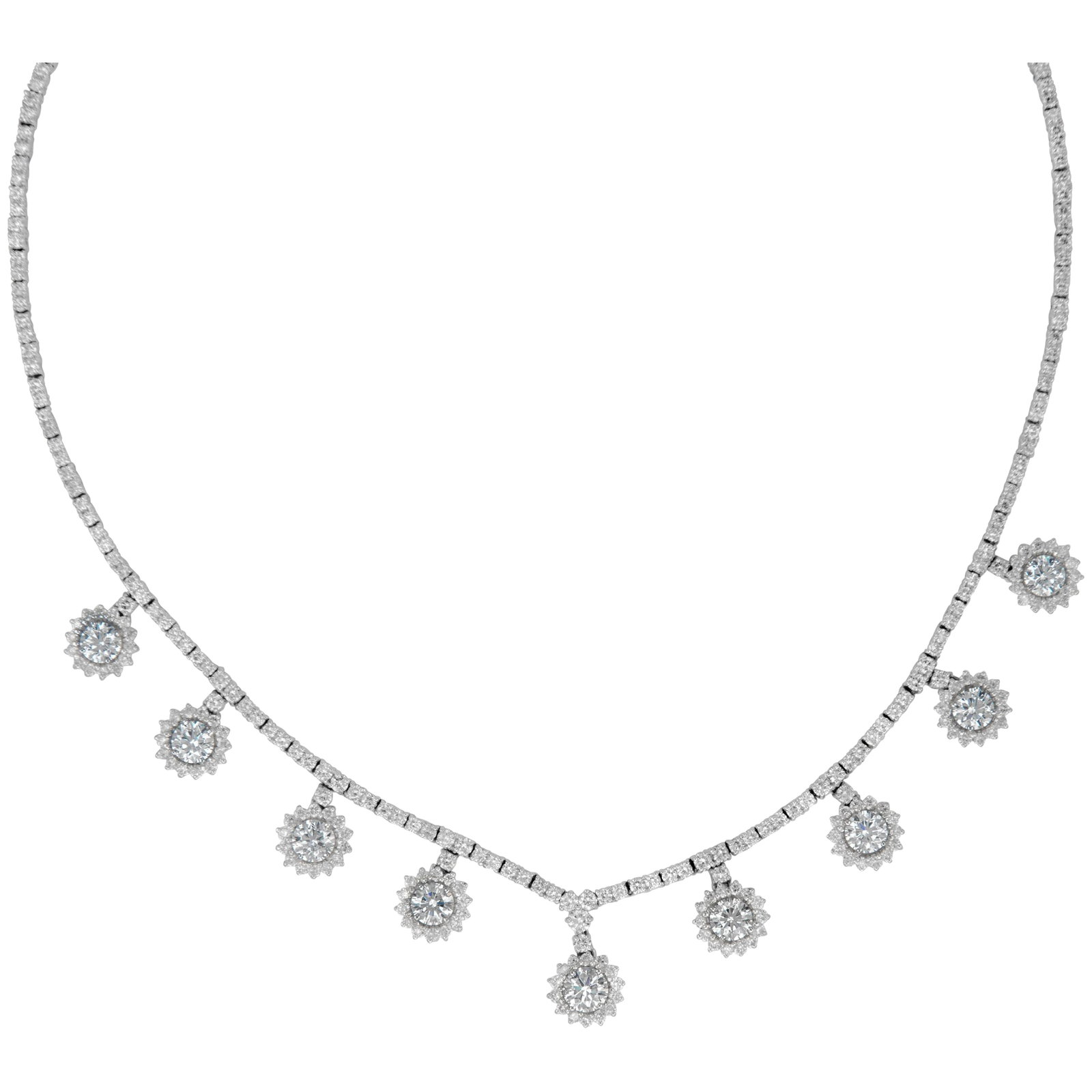 12.76ct Diamond Necklace 18k White Gold Modern Design: 12.76ct Diamond Necklace 18k White Gold Modern Design This exquisite dangling necklace features a stunning total diamond weight of 12.76 carats, showcasing a combination of 9 round brilliant diamonds 