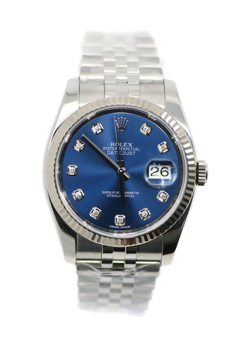 Rolex Datejust 116234 Diamond Bezel Blue Dial Stainless Steel Watch: Rolex Datejust 116234 Diamond Bezel Blue Dial Stainless Steel Watch This stunning Rolex Datejust wristwatch combines luxury and functionality, featuring a 36 mm stainless steel case with a diamond bez