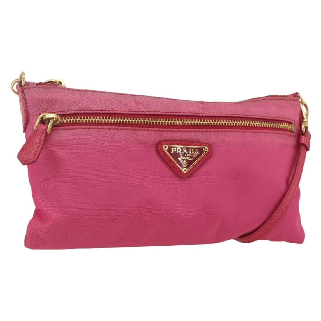 Pink Gold Nylon Shoulder Bag by Prada Made in Italy: Pink Gold Nylon Shoulder Bag by Prada Made in Italy This Prada shoulder bag features a pink nylon exterior with gold-tone metal fittings. It offers a sleek, compact design suitable for everyday use. T