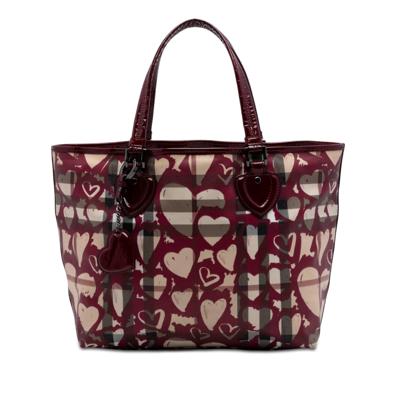 Burberry Gracie Hearts Check Coated Canvas Tote Bag: Burberry Gracie Hearts Check Coated Canvas Tote Bag This Burberry House Check Gracie Tote showcases the signature printed coated canvas with heart motifs, complemented by patent leather trim and flat 