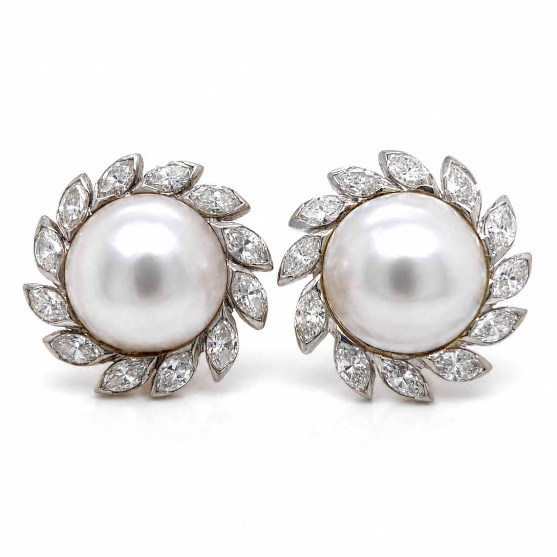 14K White Gold Mabe Pearl Diamond Earrings 1960s (1 of 5)