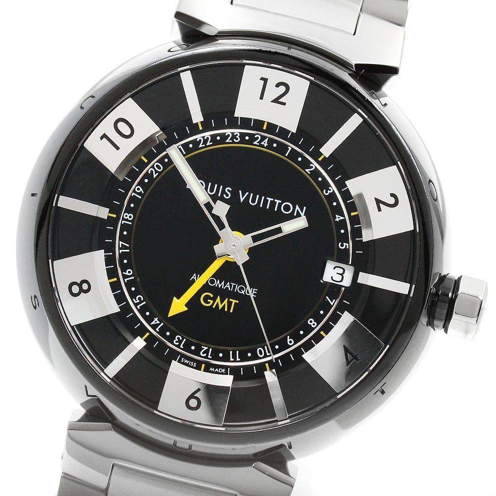 Louis Vuitton Q113K Tambour Black Mens GMT Date Wristwatch: Louis Vuitton Q113K Tambour Black Mens GMT Date Wristwatch Pre-owned Louis Vuitton Tambour in Black GMT Date men's wristwatch with a black and silver dial, automatic movement, and stainless steel case