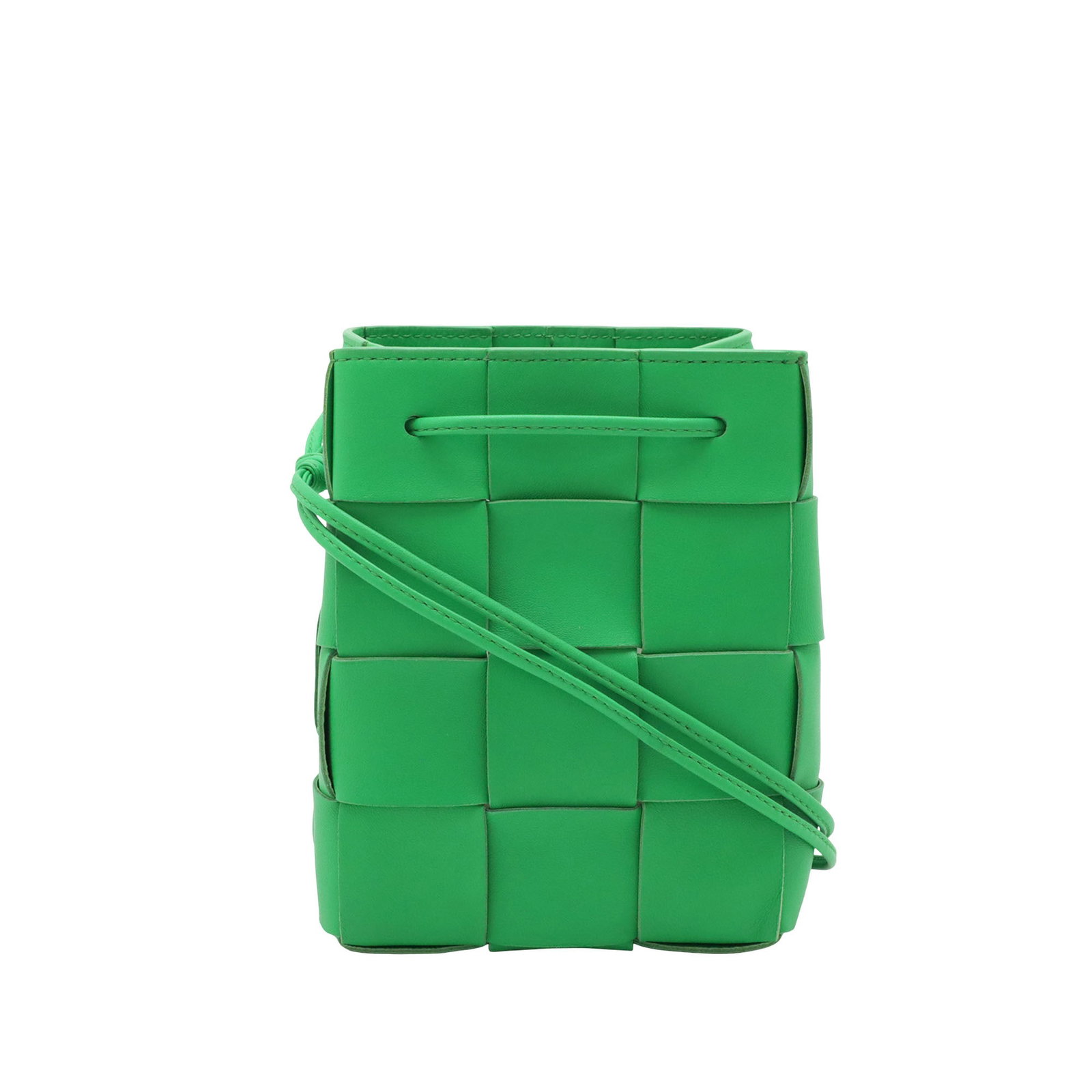 Bottega Veneta Cassette Bucket Bag Small Green Nappa Leather: Bottega Veneta Cassette Bucket Bag Small Green Nappa Leather A Bottega Veneta Small Nappa Maxi Intrecciato Cassette Bucket Bag in green, made in Italy. It features a woven nappa leather body, flat lea