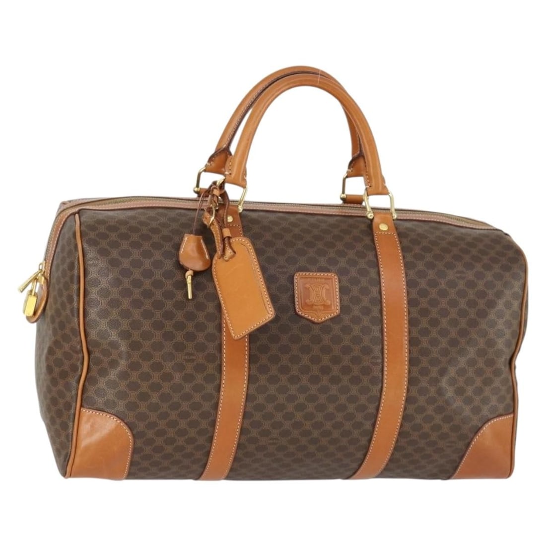 CELINE Macadam Boston Bag Brown PVC Leather with Padlock Key: CELINE Macadam Boston Bag Brown PVC Leather with Padlock Key CELINE Boston bag crafted from PVC leather and Macadam canvas in a brown and gold colorway. Made in Italy, this women's bag measures approx