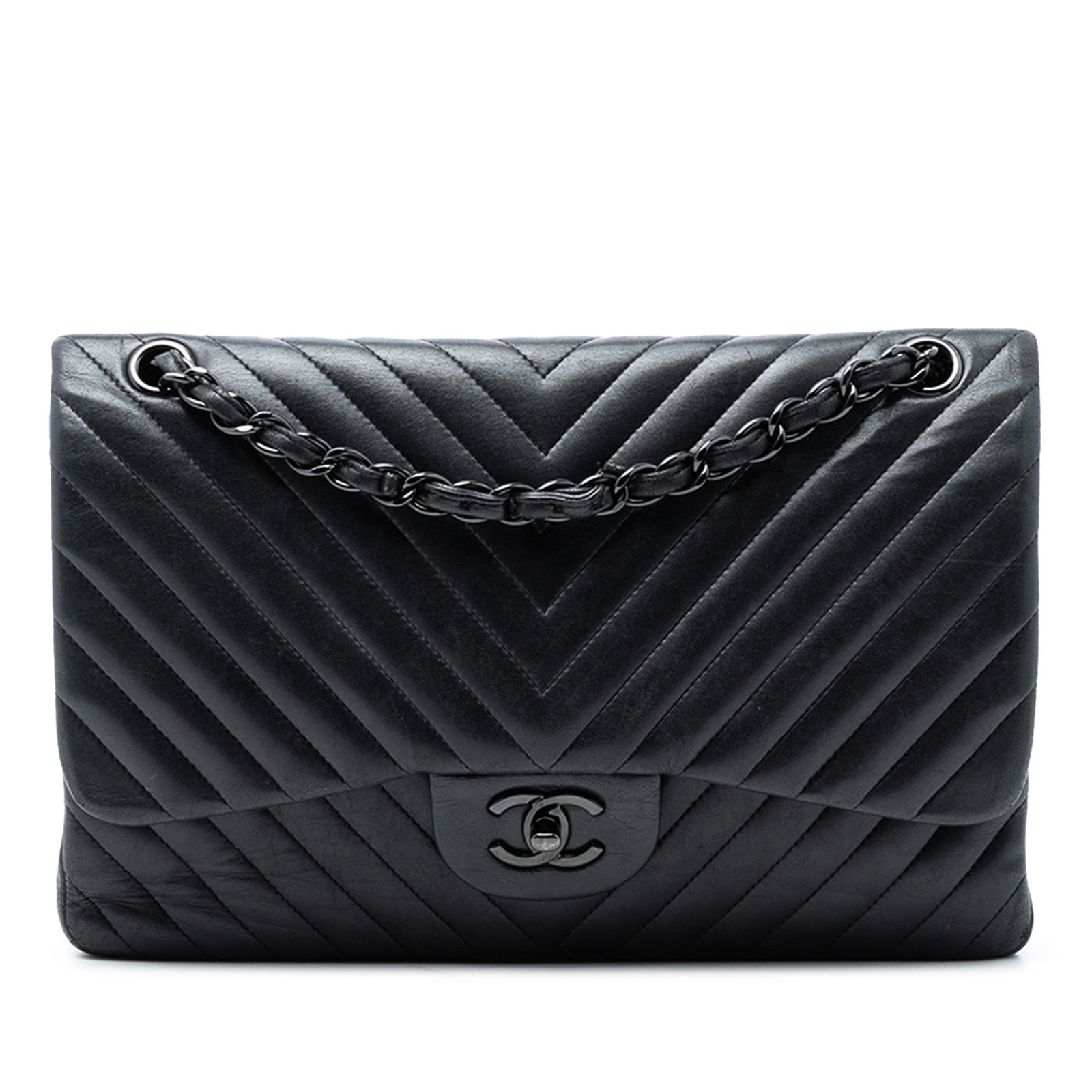 Chanel Chevron Lambskin Double Flap Shoulder Bag Black Jumbo Classic (1 of 7)