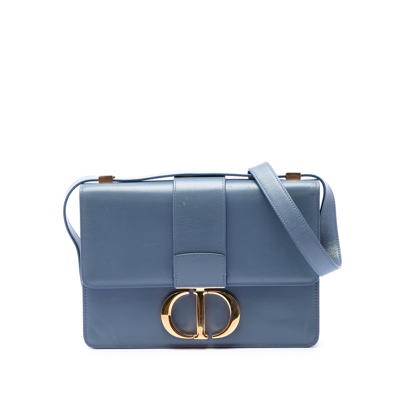 Dior 30 Montaigne Blue Leather Shoulder Flap Bag: Dior 30 Montaigne Blue Leather Shoulder Flap Bag Leather 30 Montaigne Flap bag by Dior, made in Italy. It features a leather body, a flat leather shoulder strap, a push lock closure, and interior zip 
