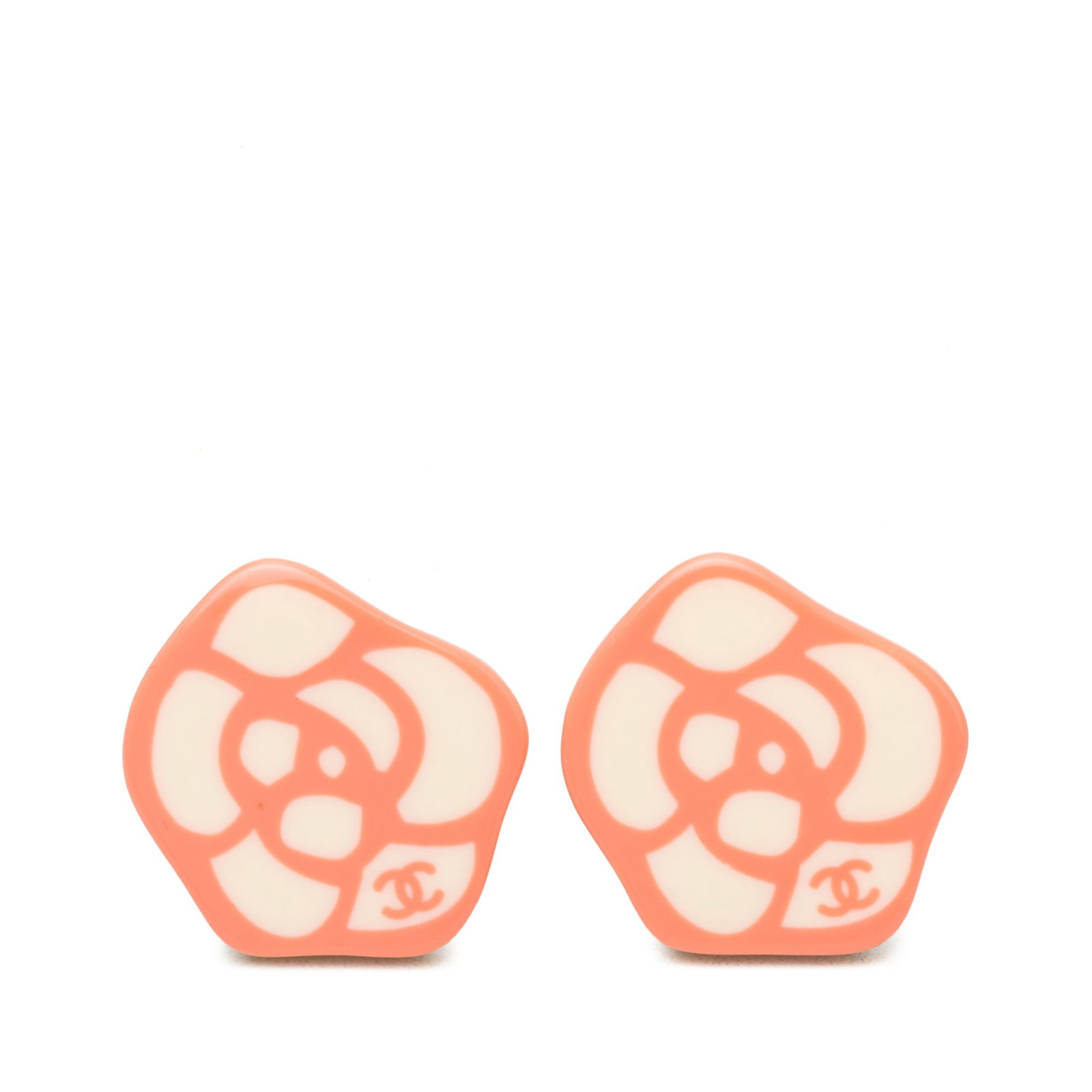 Chanel Camellia CC Clip On Resin Earrings White: Chanel Camellia CC Clip On Resin Earrings White Chanel CC Resin Camellia clip-on earrings in white, made with resin bodies and plastic material. These costume earrings are from France and feature clip