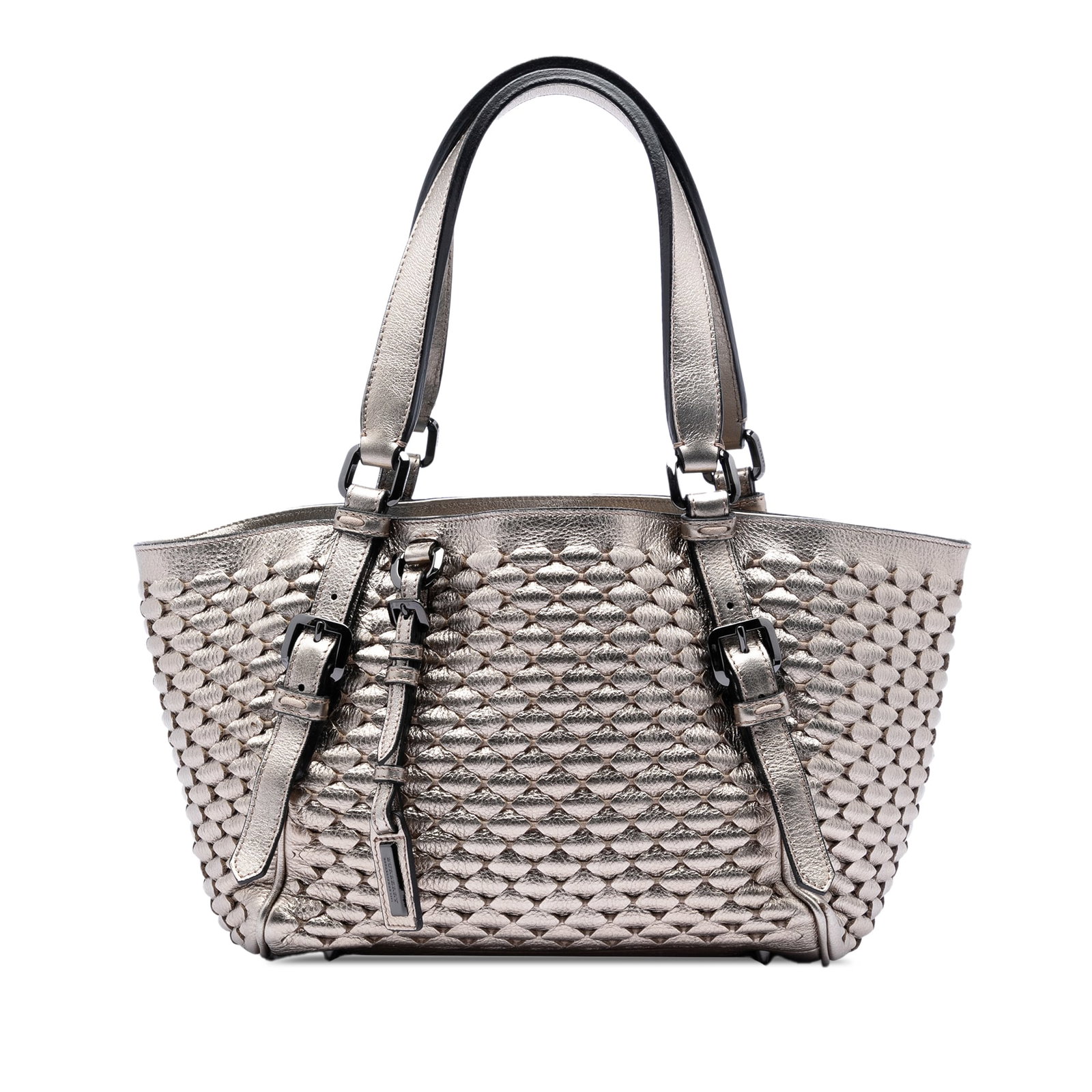 Burberry metallic leather shoulder tote with woven body: Burberry metallic leather shoulder tote with woven body Burberry metallic woven leather tote in gold with adjustable flat leather shoulder straps, an open top, interior zip and slip pockets, and an in