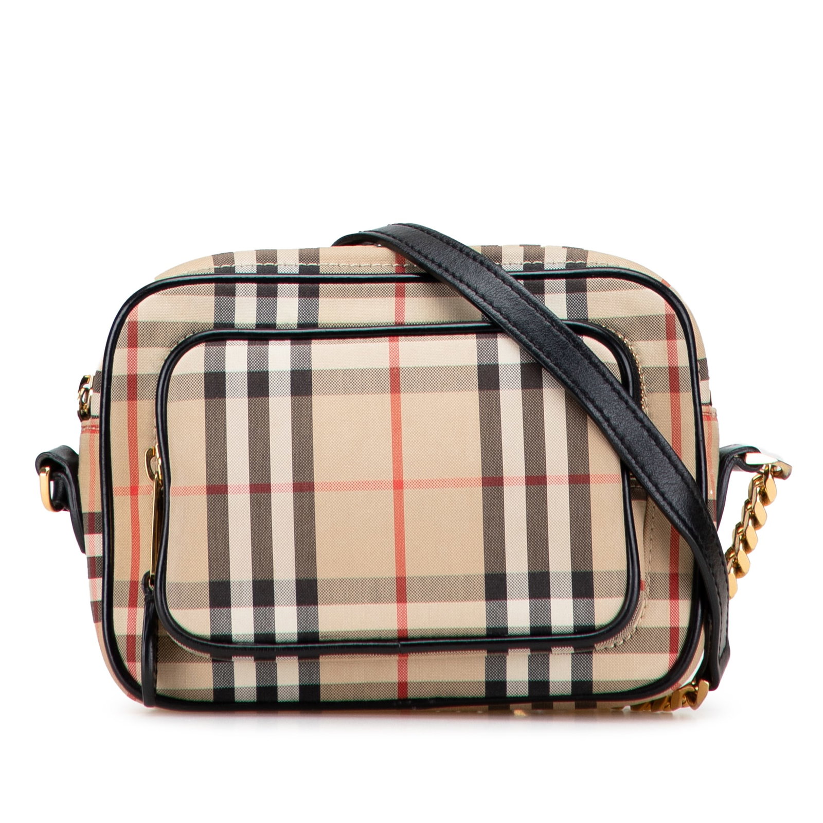 Burberry House Check Canvas Crossbody Bag with Gold Chain: Burberry House Check Canvas Crossbody Bag with Gold Chain This stylish Burberry crossbody bag is crafted from durable house check canvas and features elegant leather trim. It is designed with a gold-t