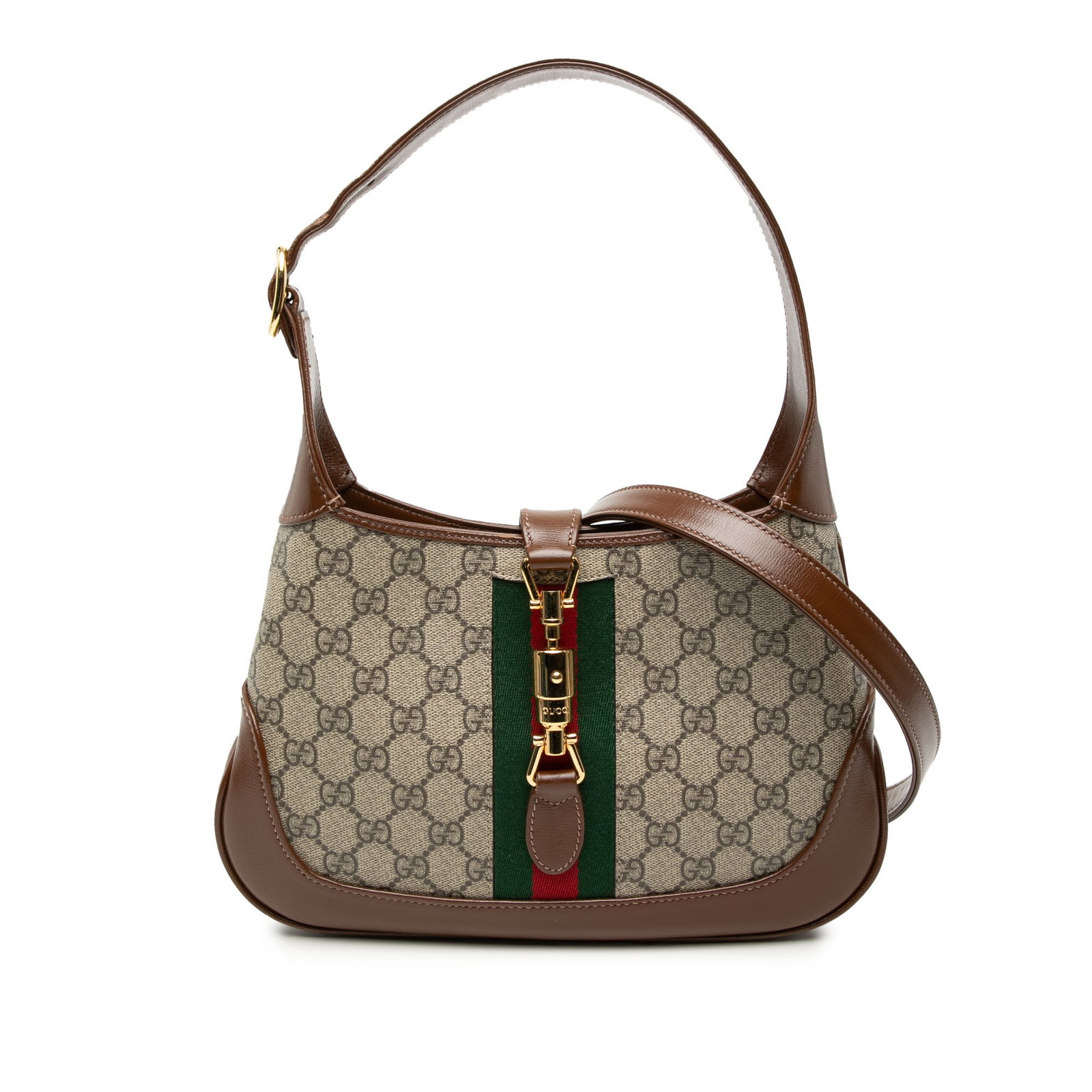Gucci Jackie 1961 Small GG Supreme Canvas Crossbody Bag with Web Detail: Gucci Jackie 1961 Small GG Supreme Canvas Crossbody Bag with Web Detail This Gucci Small GG Supreme Web Jackie 1961 Crossbody features a beige coated canvas body with signature leather trim and web de