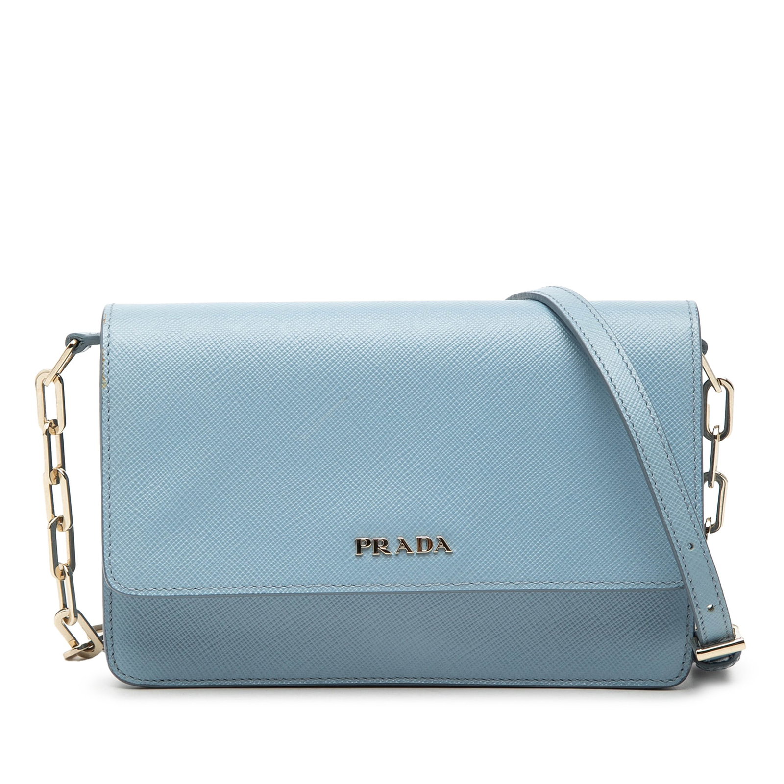 Prada Saffiano Lux Blue Leather Chain Wallet with Gold Tone Strap: Prada Saffiano Lux Blue Leather Chain Wallet with Gold Tone Strap This Prada Saffiano Lux Wallet On Chain features a blue saffiano leather body, a gold-tone curb chain with an adjustable flat leather 