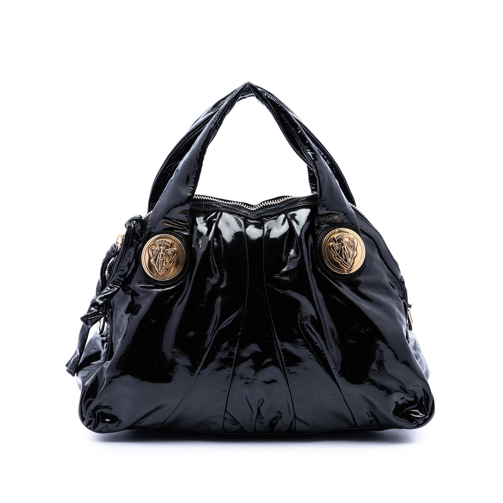 Gucci Hysteria Large Patent Leather Satchel Black: Gucci Hysteria Large Patent Leather Satchel Black Large Gucci Hysteria satchel in black patent leather with flat handles, gold-tone hardware, a top zip closure, and interior zip and slip pockets. Made