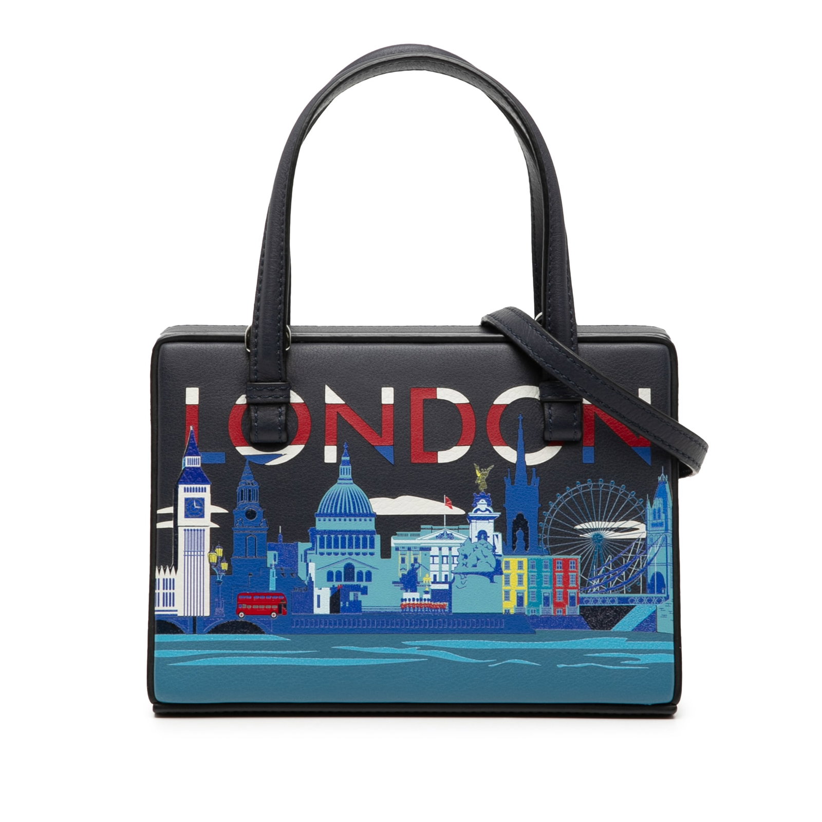 Loewe London Postal Small Blue Leather Satchel with Top Handle: Loewe London Postal Small Blue Leather Satchel with Top Handle This LOEWE Small Leather London Postal Top Handle Bag features a printed leather body in blue, flat leather handles, and a detachable fla