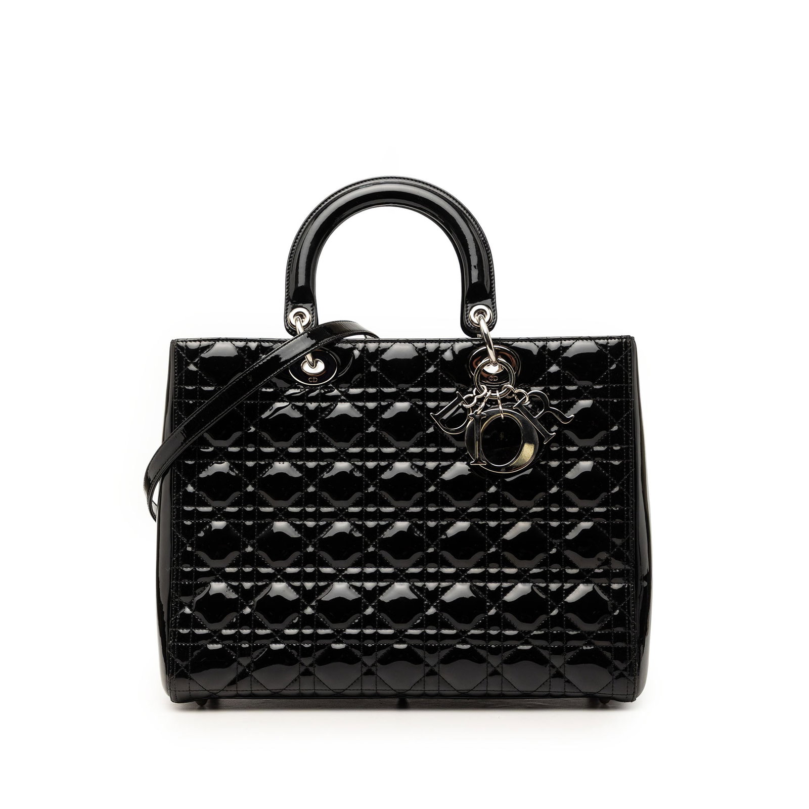 Dior Lady Dior Large Cannage Patent Leather Handbag Black: Dior Lady Dior Large Cannage Patent Leather Handbag Black Large Lady Dior handbag in black patent leather with Cannage quilting. This bag features flat leather top handles, a detachable flat strap, a 