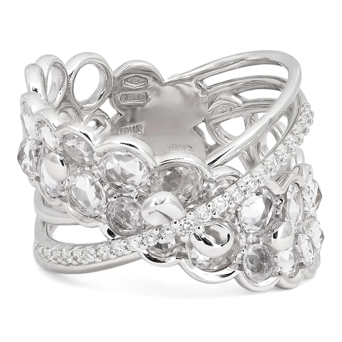 18K White Gold Crisscross Ring with White Sapphires and Diamonds by Giovanni Ferraris: 18K White Gold Crisscross Ring with White Sapphires and Diamonds by Giovanni Ferraris This Giovanni Ferraris cocktail ring for women is crafted in 18K white gold and features a crisscross design. The 