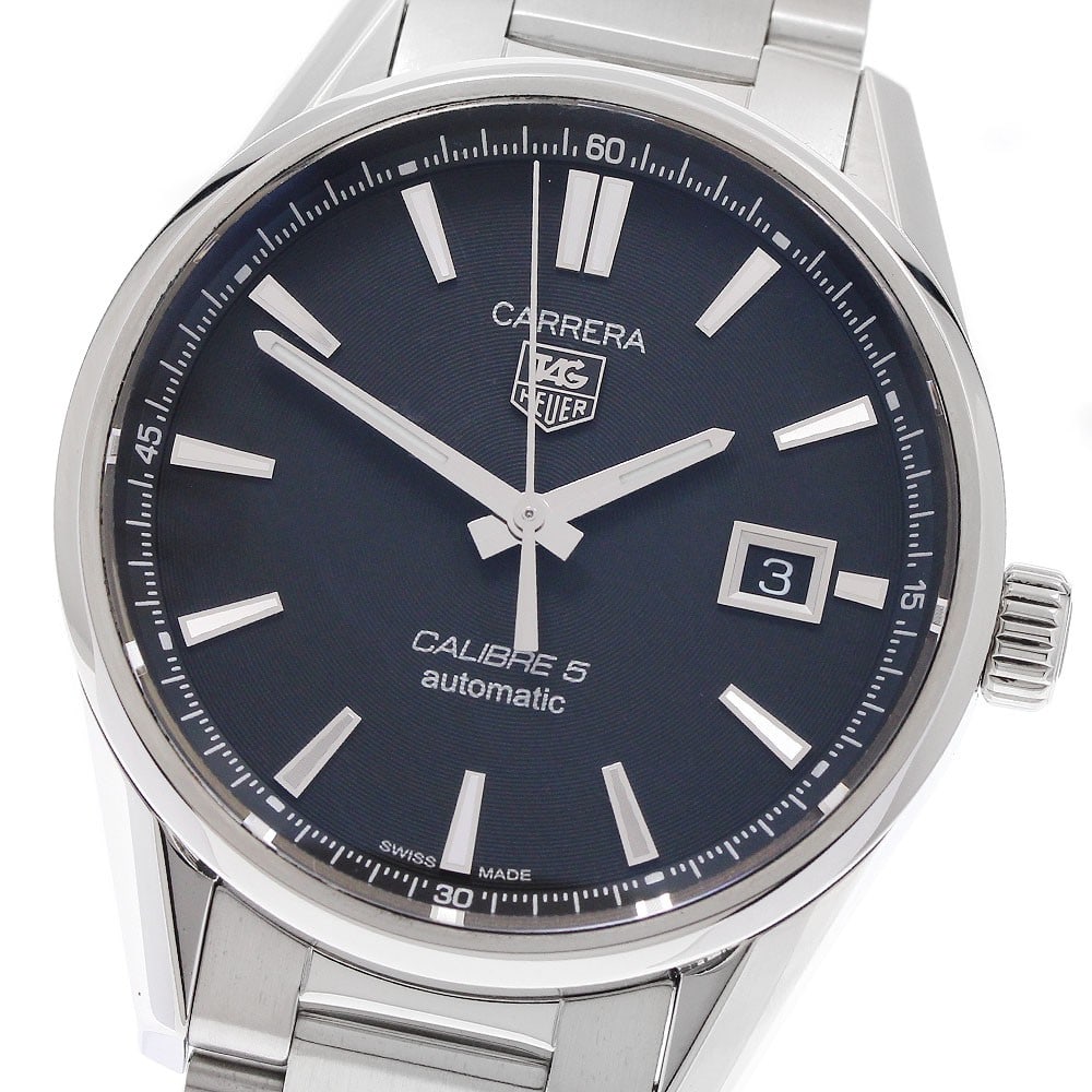 TAG Heuer Carrera Calibre 5 Date Wristwatch WAR211A-1: TAG Heuer Carrera Calibre 5 Date Wristwatch WAR211A-1 TAG Heuer Carrera Calibre 5 Date men's wristwatch, reference WAR211A-1, made in Switzerland. It features a black dial, stainless steel case and st