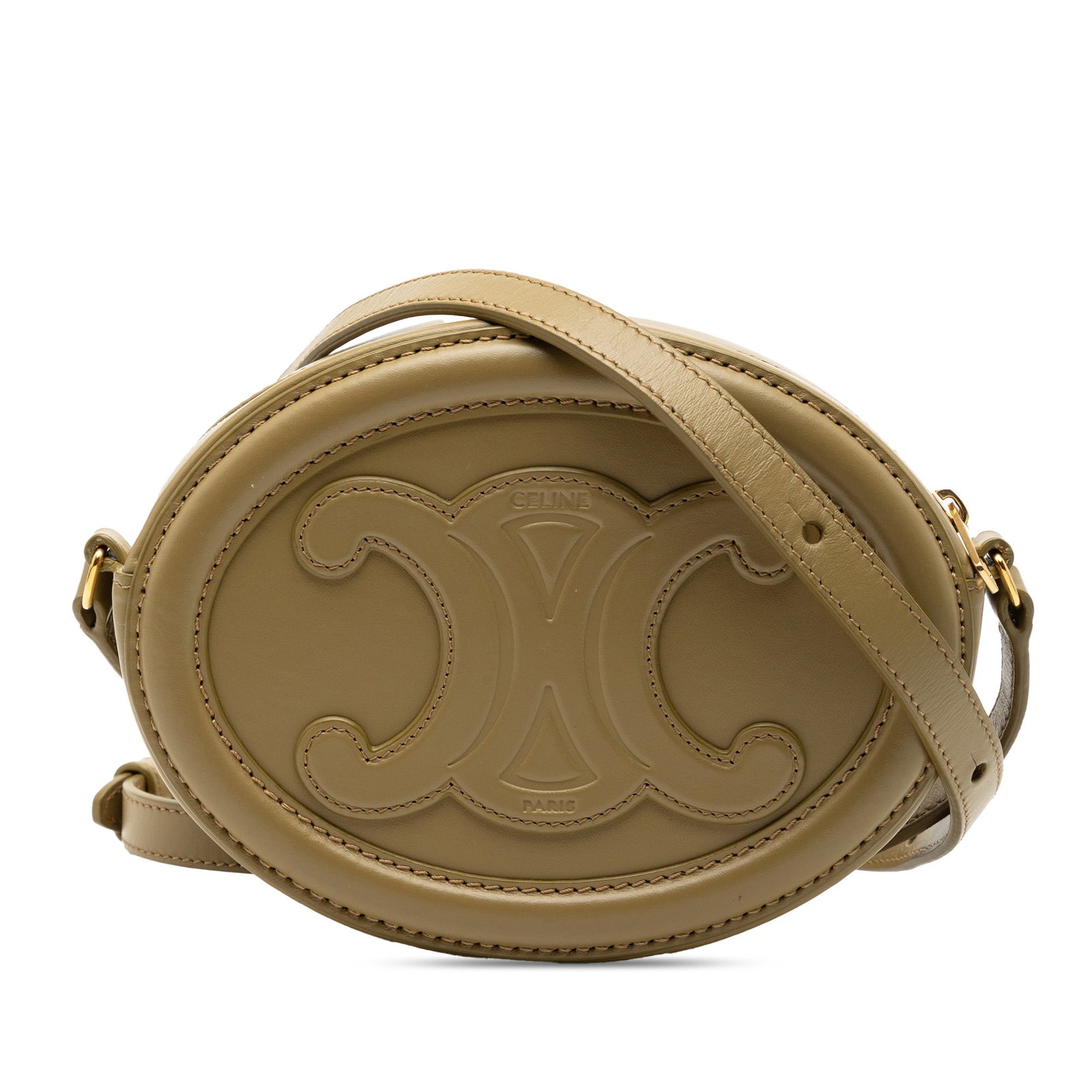 Celine Triomphe Small Green Leather Oval Crossbody Bag: Celine Triomphe Small Green Leather Oval Crossbody Bag This Celine Small Calfskin Cuir Triomphe Oval Crossbody bag features a green leather body, a flat leather shoulder strap, and a top zip closure. 