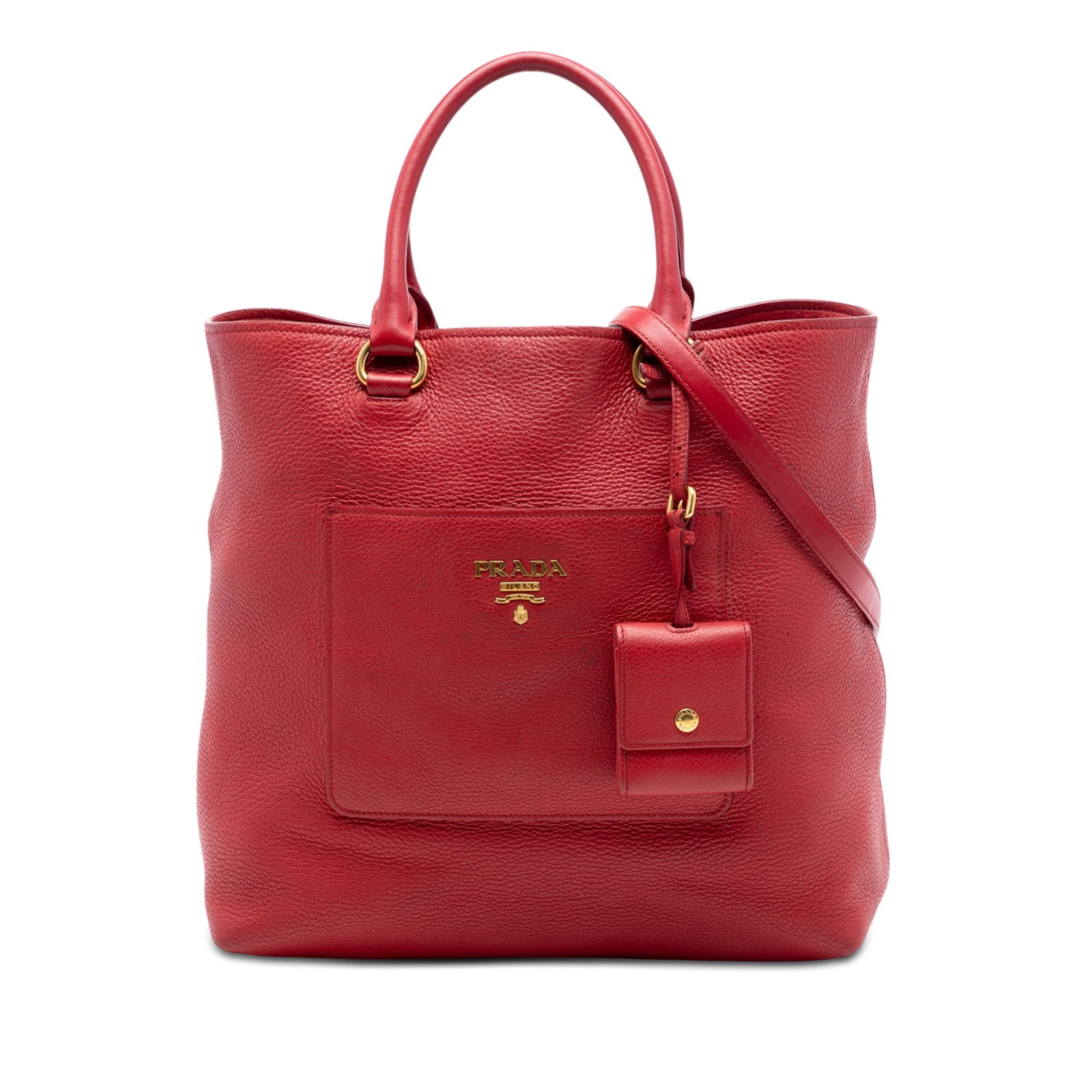 Prada red leather convertible tote with front pocket: Prada red leather convertible tote with front pocket This Prada Vitello Daino Front Pocket Convertible Tote is crafted from red calf leather and features rolled leather handles, a detachable flat leat