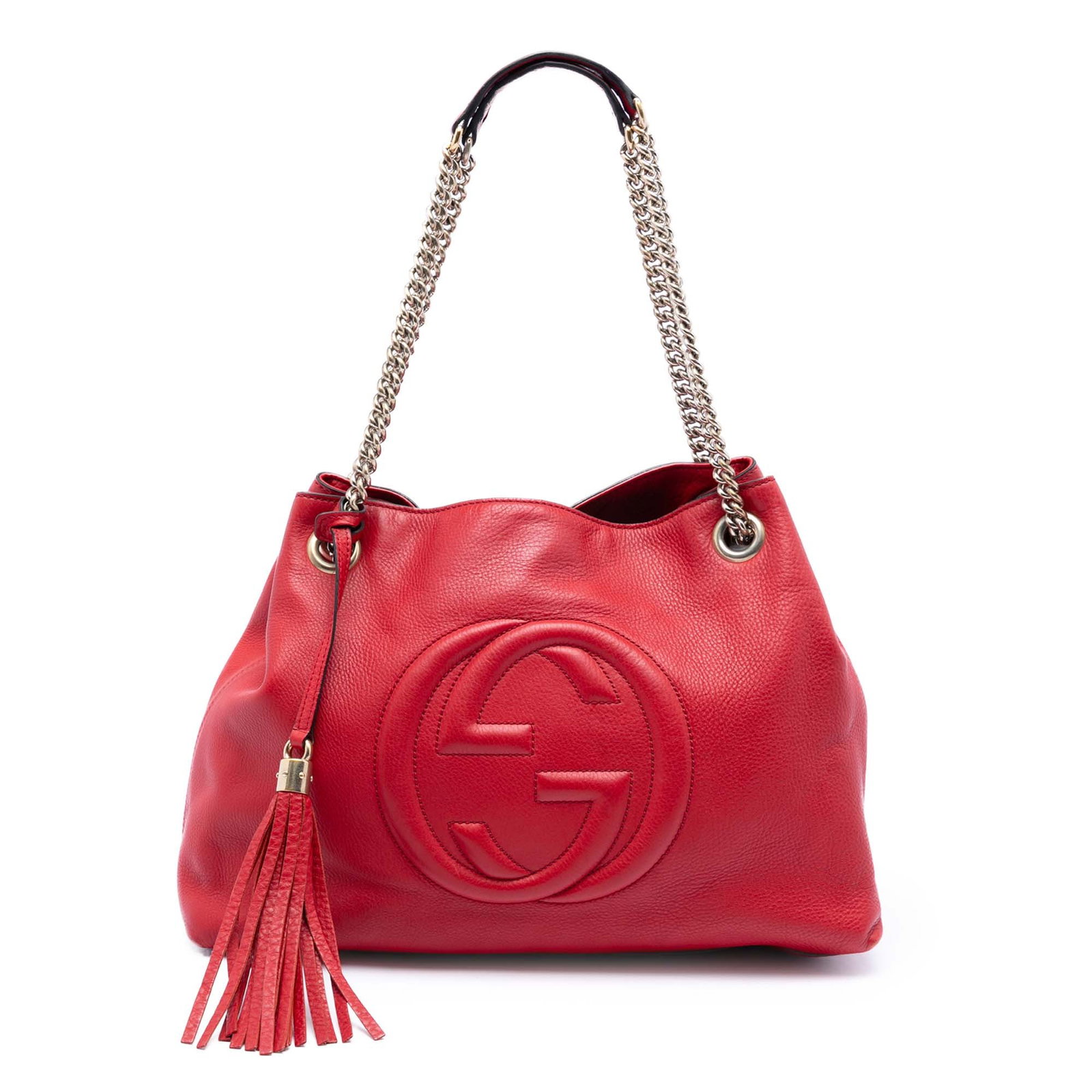 Gucci Soho Chain Tote Medium Red Calfskin Leather Bag: Gucci Soho Chain Tote Medium Red Calfskin Leather Bag Gucci Medium Calfskin Soho Chain Tote in red leather with silver-tone chain straps and leather shoulder guards. This tote features a tassel detail