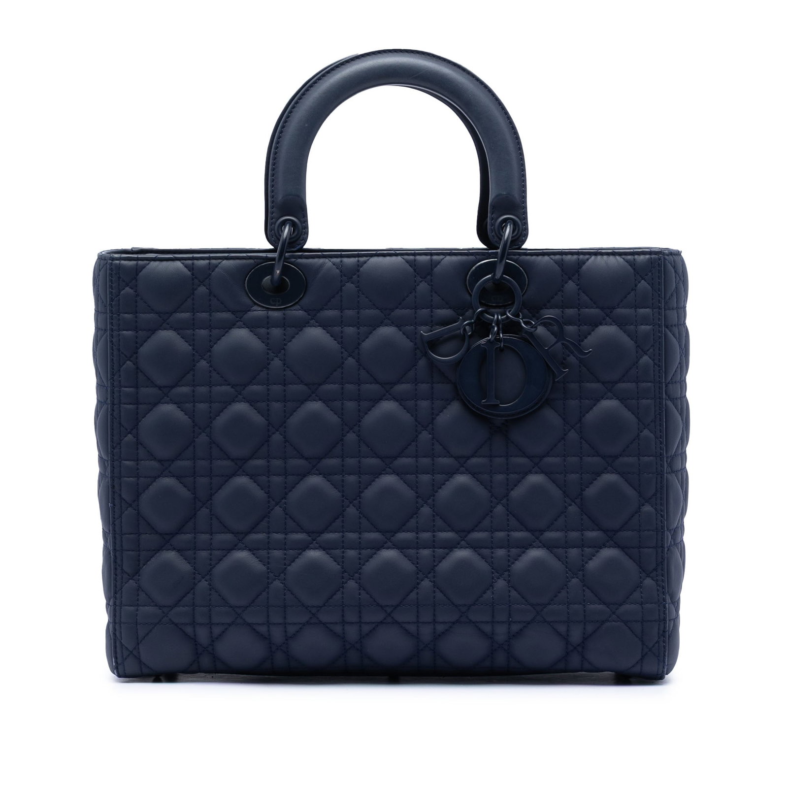 Dior Lady Dior Cannage blue quilted leather handbag: Dior Lady Dior Cannage blue quilted leather handbag This Lady Dior handbag features a quilted leather body in a blue ultra matte finish, complemented by flat leather top handles and a fold-in flap clo