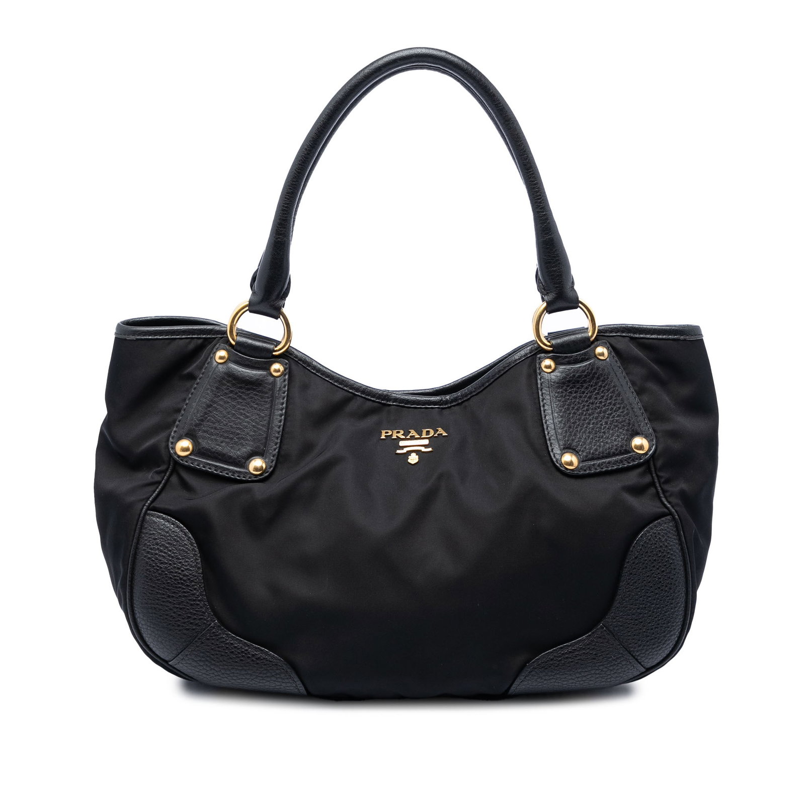 Prada Tessuto Nylon Handbag with Vitello Daino Leather Trim: Prada Tessuto Nylon Handbag with Vitello Daino Leather Trim This Prada handbag is crafted with a nylon body and leather trim, featuring rolled leather handles, an open top with snap button closure, an