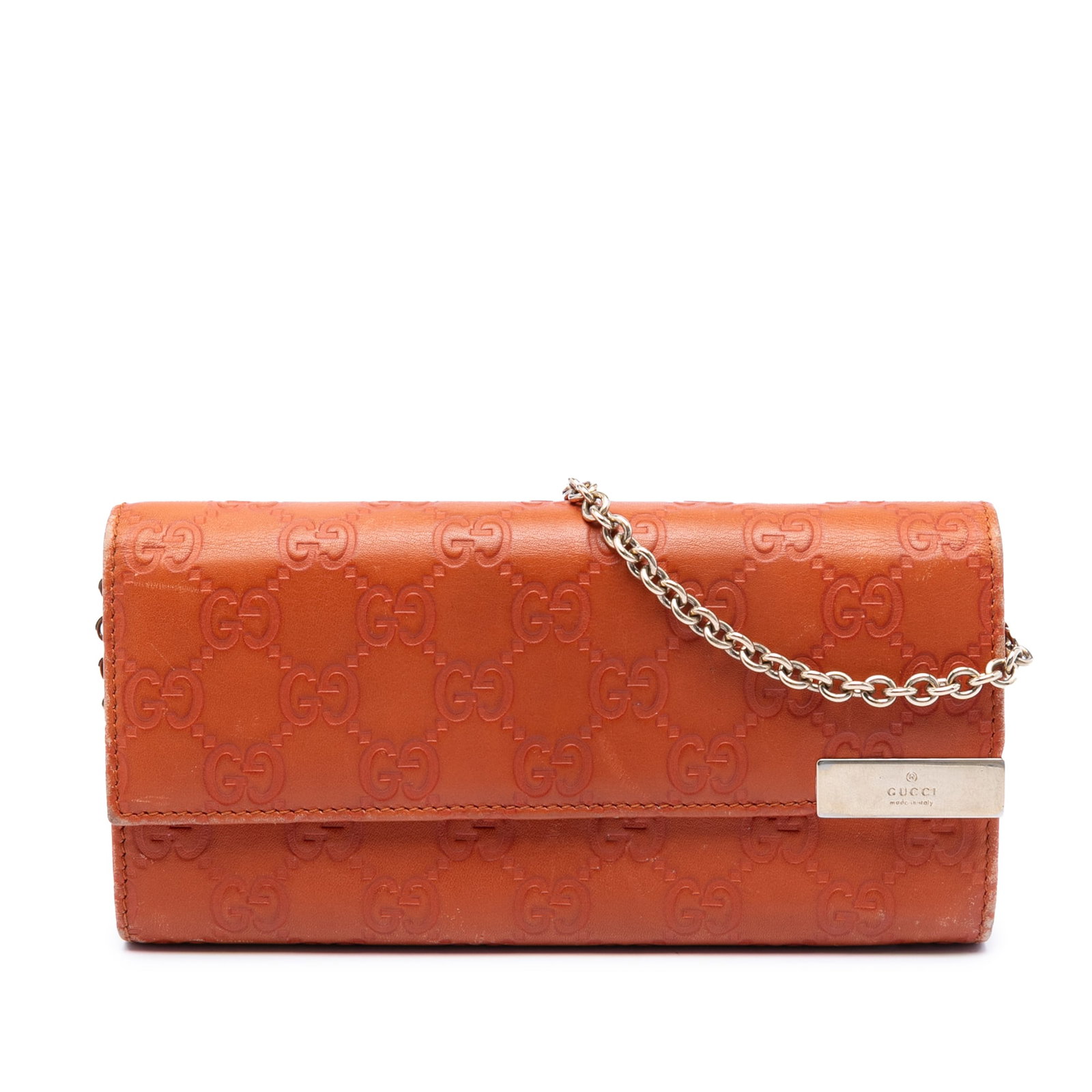 Gucci orange embossed leather chain shoulder bag: Gucci orange embossed leather chain shoulder bag This Gucci Guccissima Dice Wallet On Chain is crafted from embossed leather in a vibrant orange hue. It features a chain shoulder strap, a front flap w