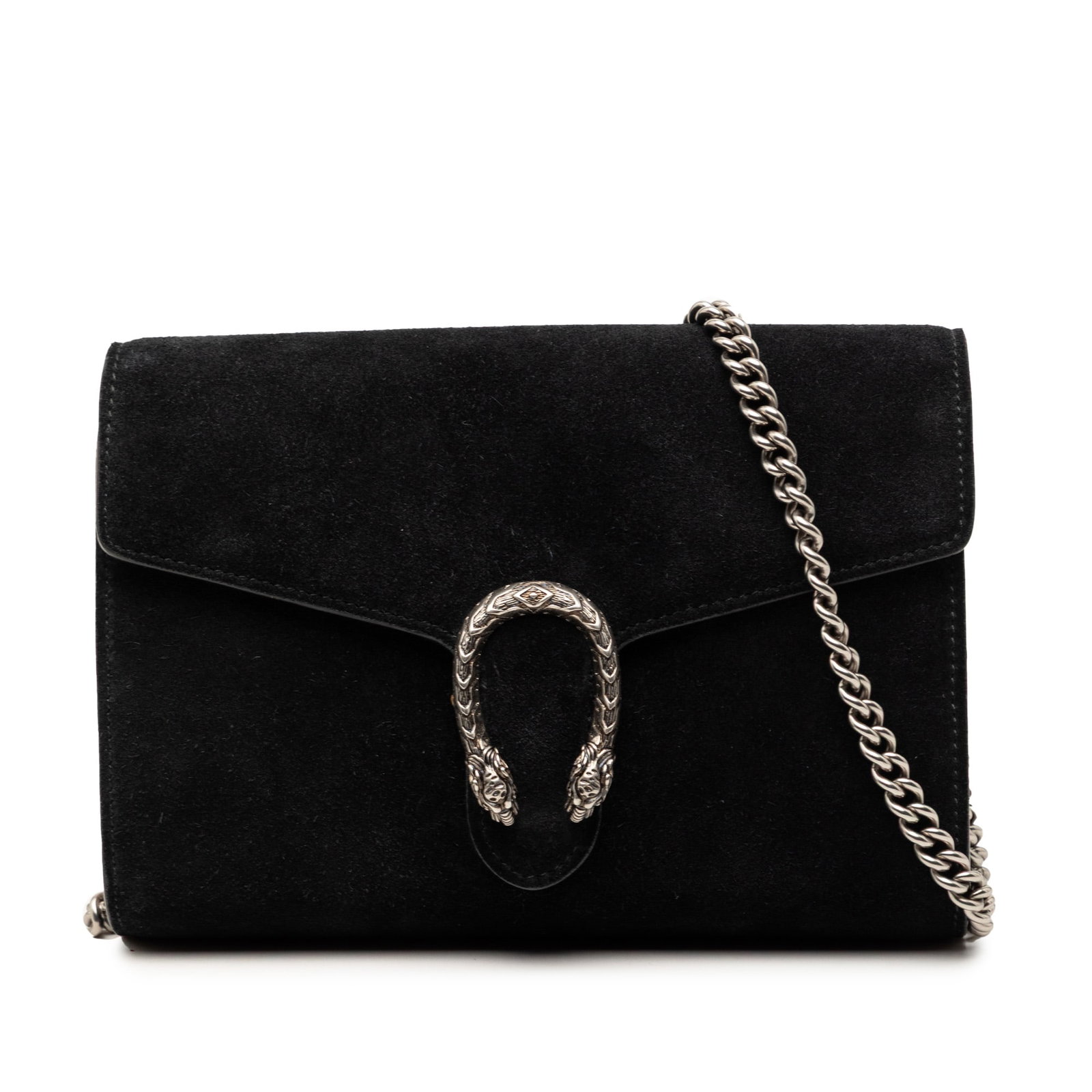 Black Suede Dionysus Chain Wallet Crossbody by Gucci: Black Suede Dionysus Chain Wallet Crossbody by Gucci The Gucci Suede Dionysus Wallet on Chain is a stylish crossbody bag crafted with a suede body and leather trim. It features a chainlink shoulder st