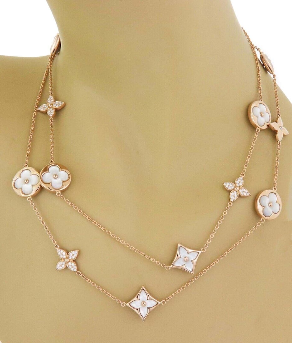 Louis Vuitton Blossom sautoir necklace 18k rose gold MOP diamond cert: Louis Vuitton Blossom sautoir necklace 18k rose gold MOP diamond cert Louis Vuitton Blossom sautoir necklace crafted in 18k pink (rose) gold with the house's Monogram Flower motif design. It features 