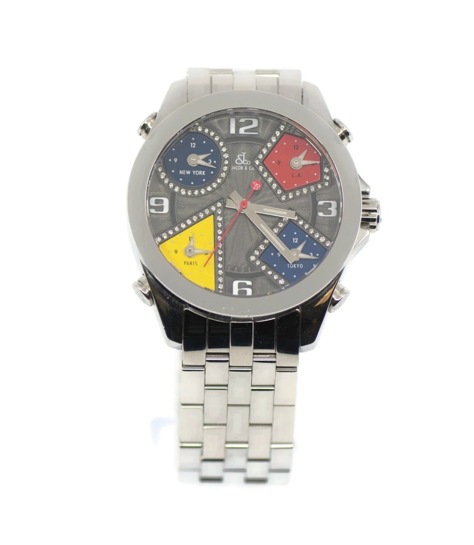 Jacob and Co Five Time Zone Diamond Steel Mens Wristwatch 40mm JCM-58DA (1 of 3)