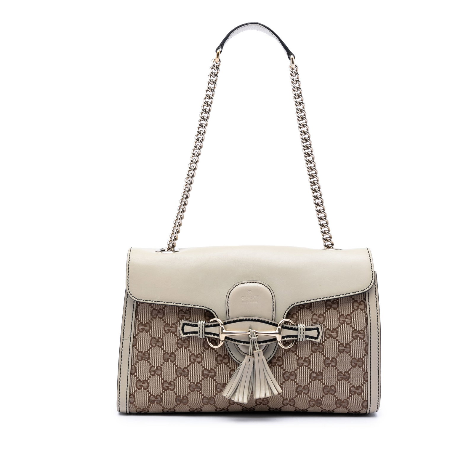 Gucci Emily Medium GG Canvas Shoulder Bag Beige: Gucci Emily Medium GG Canvas Shoulder Bag Beige Gucci Medium GG Canvas Emily Shoulder Bag with leather trim, a curb chain strap, a front flap with tuck closure, tassel detail, and interior slip pocket