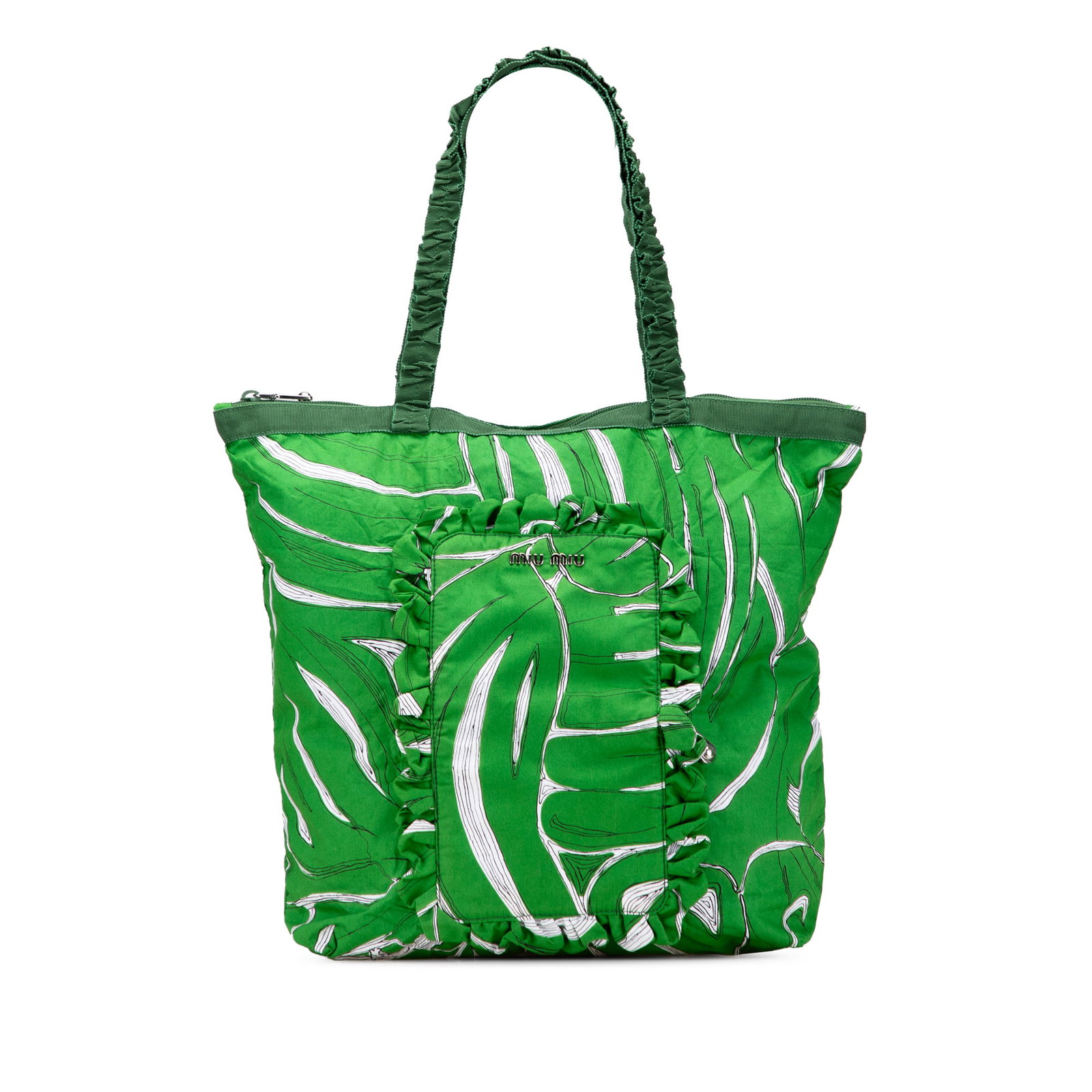 Miu Miu Green Canvas Printed Ivy Tote Bag: Miu Miu Green Canvas Printed Ivy Tote Bag The Miu Miu Canvas Printed Ivy Tote combines style and functionality, showcasing a vibrant printed canvas body in an eye-catching green color. It features fla