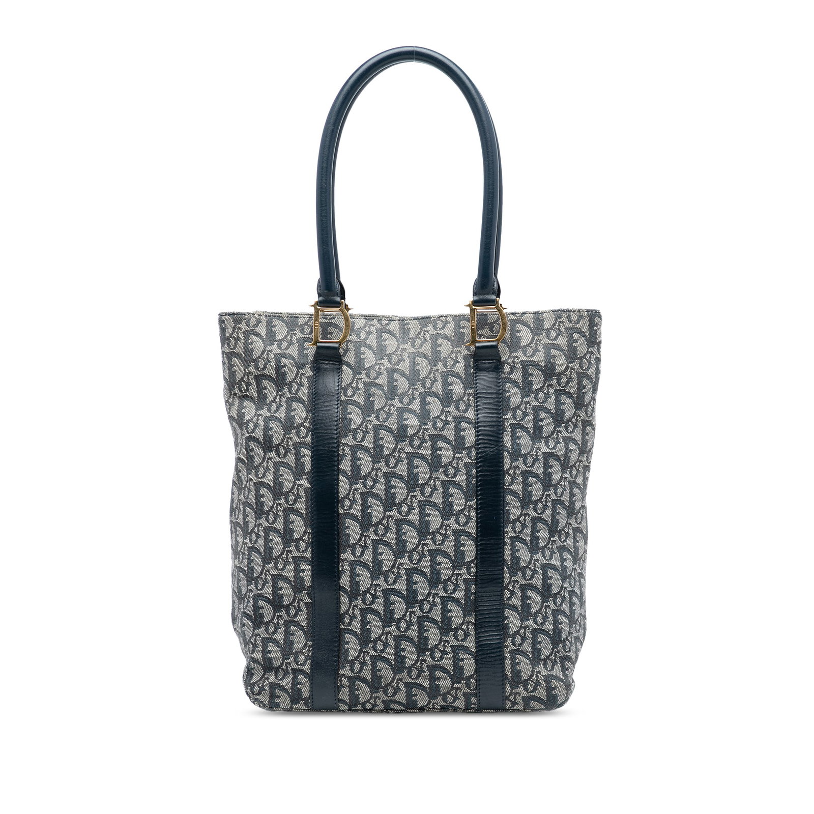 Blue Dior Diorissimo Trotter Canvas Tote Bag with Leather Trim: Blue Dior Diorissimo Trotter Canvas Tote Bag with Leather Trim The Diorissimo Trotter Canvas Tote showcases a canvas body complemented by leather trim and rolled leather handles. It features an open t