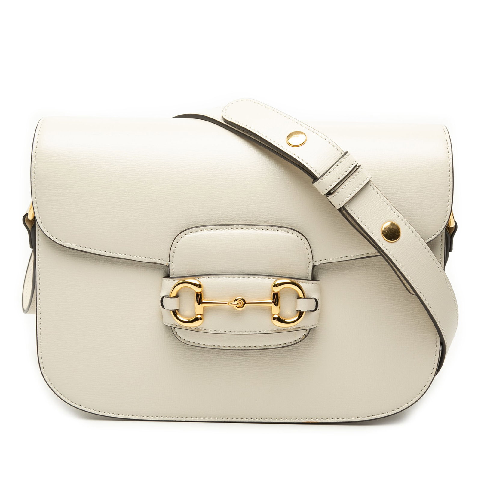 Gucci Horsebit 1955 Medium White Leather Crossbody Bag: Gucci Horsebit 1955 Medium White Leather Crossbody Bag Gucci Medium Calfskin Horsebit 1955 Shoulder Bag in white leather. This bag features a leather body, a flat leather strap, a front flap with snap