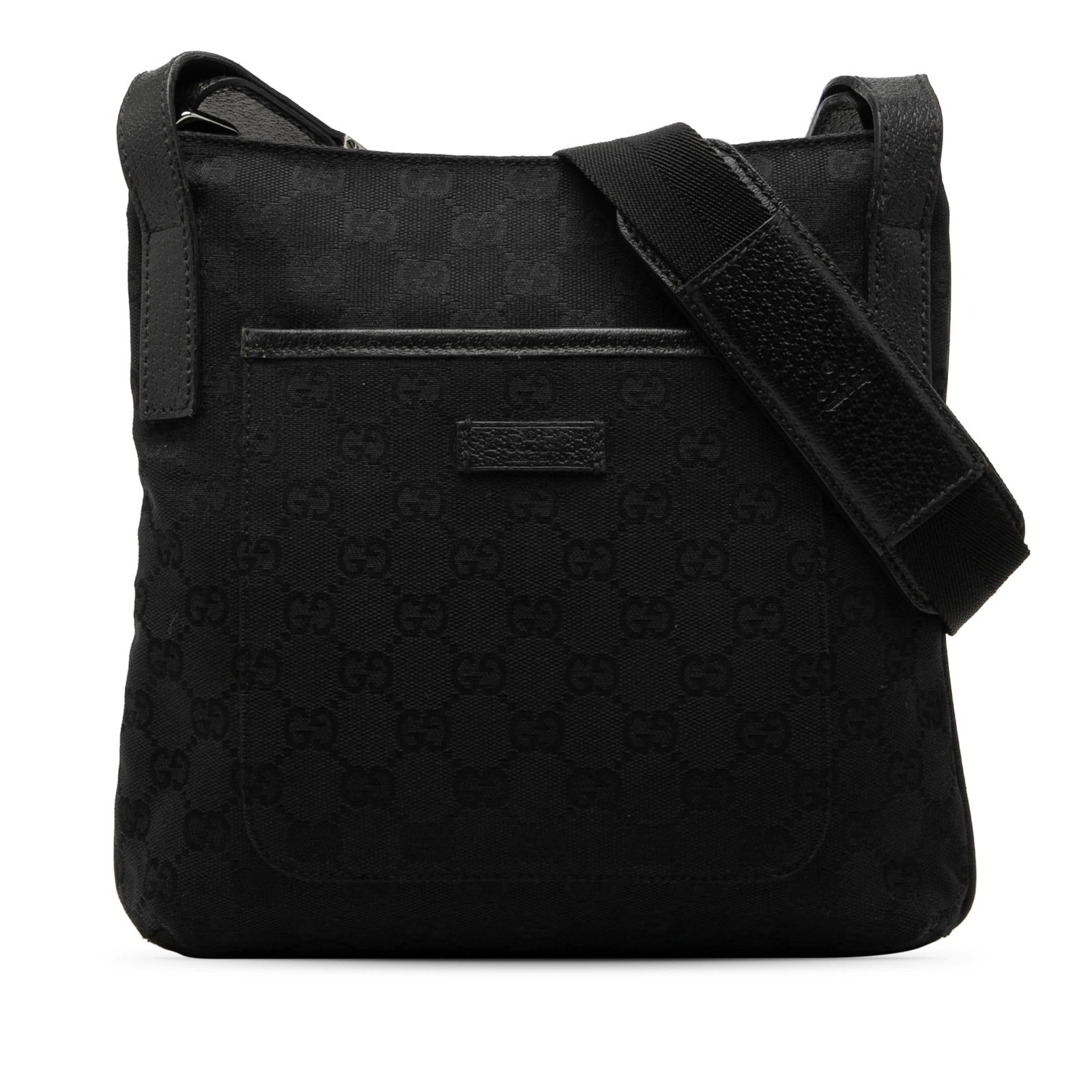 Gucci GG Canvas Black Crossbody Bag with Leather Trim: Gucci GG Canvas Black Crossbody Bag with Leather Trim Gucci GG Canvas Crossbody bag in black, made in Italy. It features a canvas body with leather trim, an exterior front slip pocket, a flat canvas s
