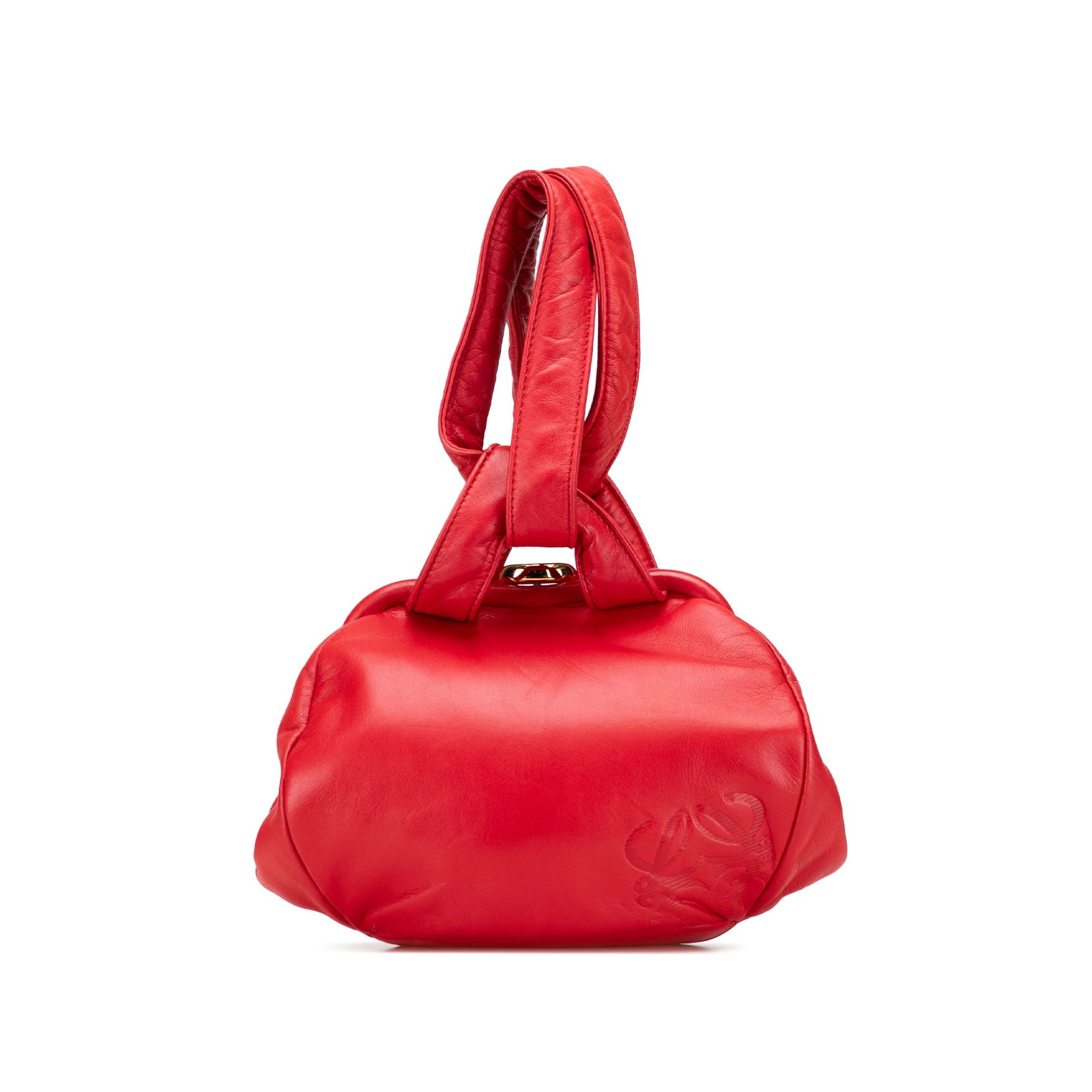 LOEWE Red Leather Anagram Frame Handbag: LOEWE Red Leather Anagram Frame Handbag This LOEWE Leather Anagram Frame Handbag is a stylish accessory crafted from high-quality leather. It features flat handles, a top frame with a secure clasp clo