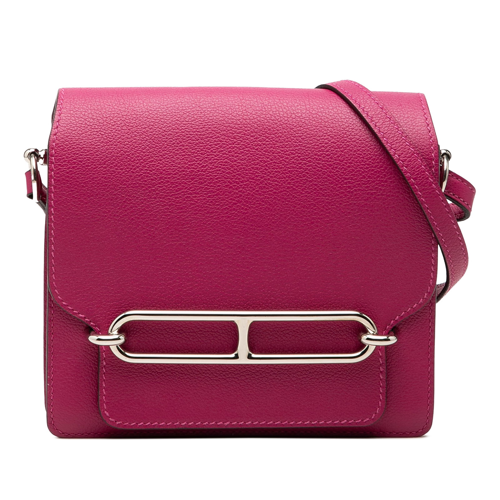 Hermes Sac Roulis 18 Mini Evercolor Leather Shoulder Bag: Hermes Sac Roulis 18 Mini Evercolor Leather Shoulder Bag Hermes Mini Evercolor Sac Roulis 18 bag in Rose Pourpre pink leather, made in France. It features a flat leather strap, front flap with pull-th
