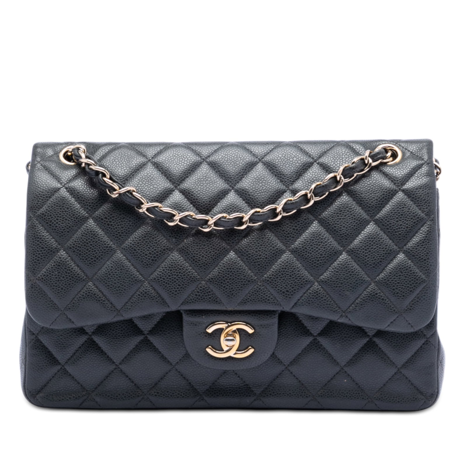 Chanel Black Caviar Leather Jumbo Double Flap Shoulder Bag: Chanel Black Caviar Leather Jumbo Double Flap Shoulder Bag This Chanel Jumbo Classic Caviar Double Flap shoulder bag showcases a quilted caviar leather exterior in black, complemented by leather-woven
