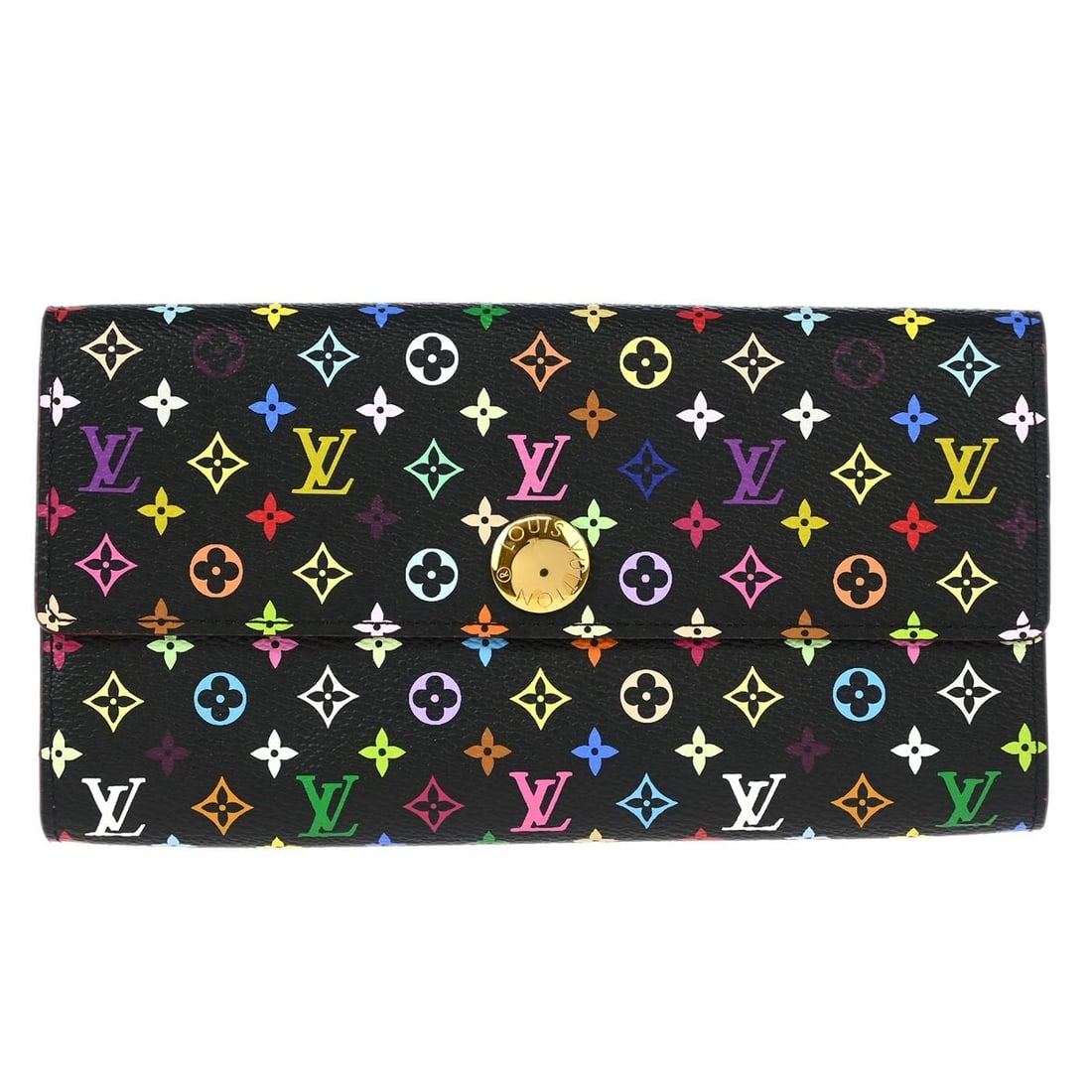 Louis Vuitton M93747 Portefeuille Sarah Monogram Multicolor Wallet Black: Louis Vuitton M93747 Portefeuille Sarah Monogram Multicolor Wallet Black Louis Vuitton Portefeuille Sarah wallet in black Monogram Multicolor canvas with leather trim. This folding wallet features the
