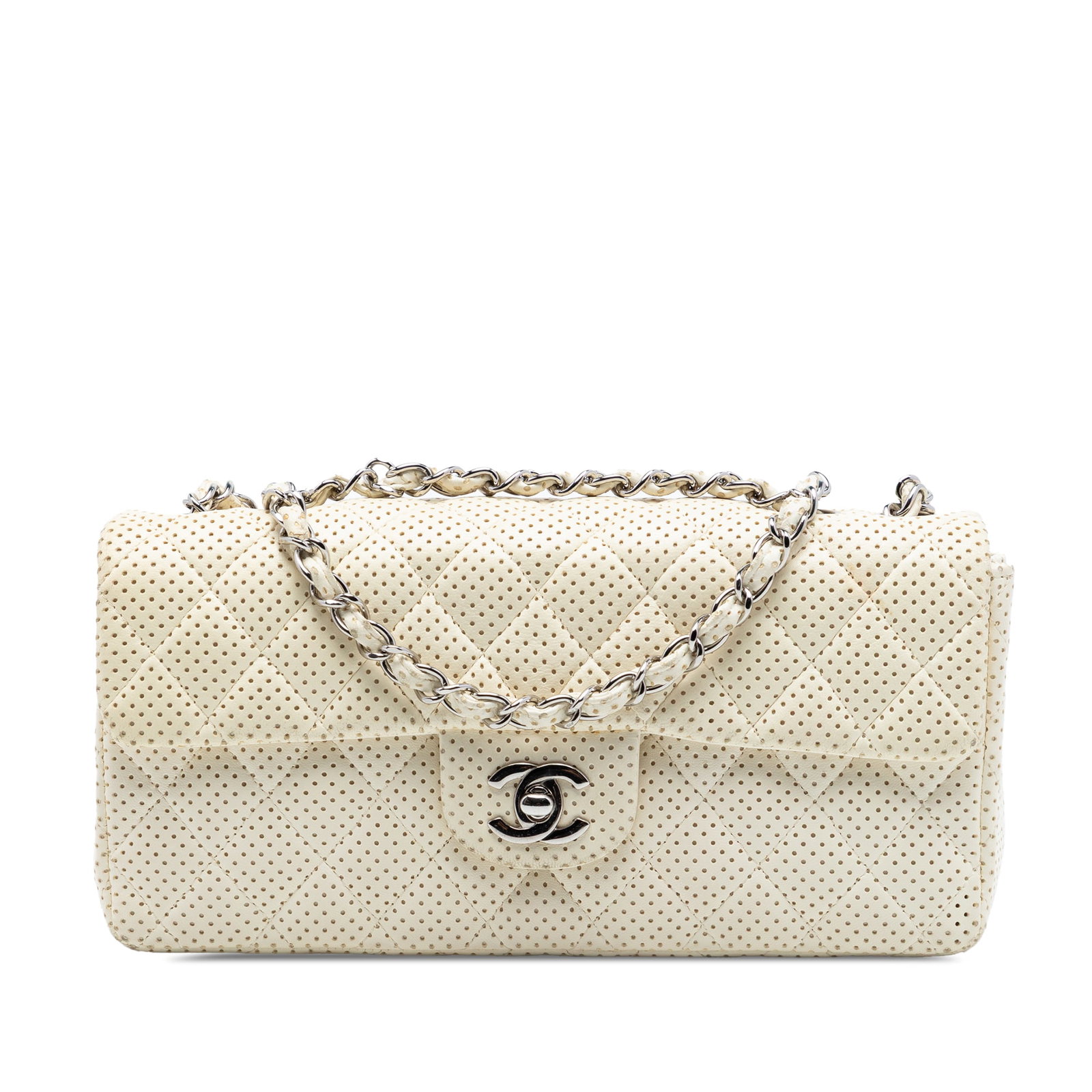 Chanel East West Flap Bag White Perforated Lambskin: Chanel East West Flap Bag White Perforated Lambskin This Chanel Classic Perforated Lambskin East West Flap bag features a quilted, perforated leather body in white with silver-tone shoulder chain, a t