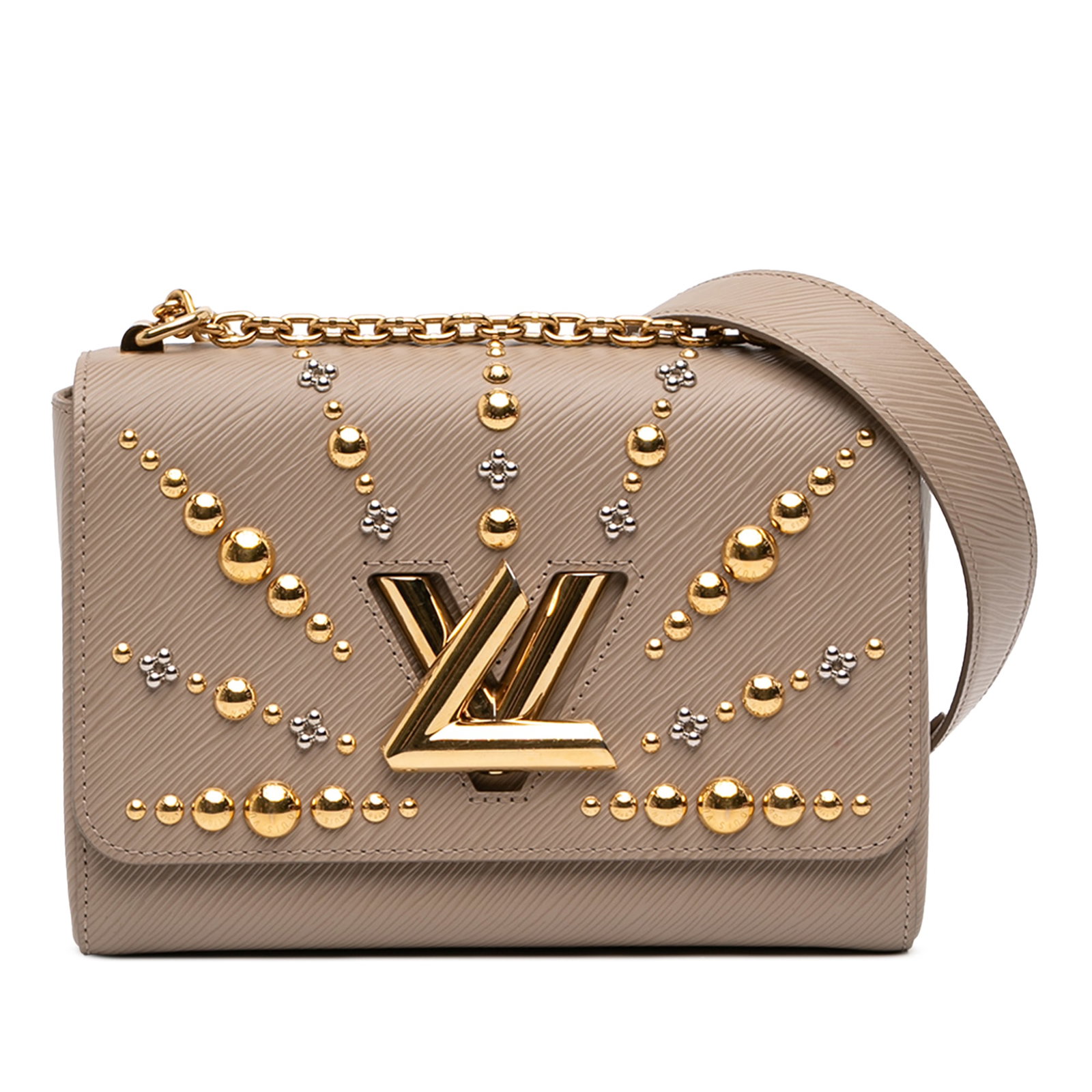 Louis Vuitton Epi Sol Twist MM Studded Brown Leather Shoulder Bag: Louis Vuitton Epi Sol Twist MM Studded Brown Leather Shoulder Bag This Louis Vuitton Epi Studded Sol Twist MM features a brown epi leather body with studded detailing, a gold-tone chain shoulder strap