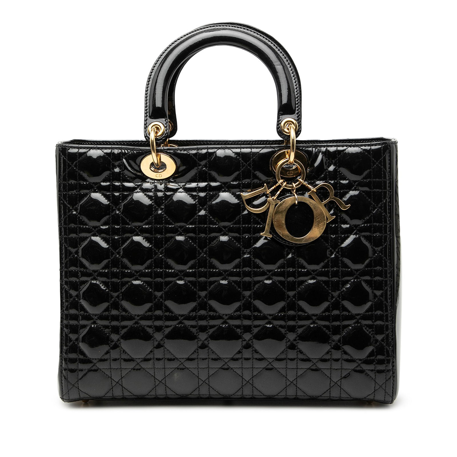 Dior Lady Dior Cannage Large Black Patent Leather Tote with Strap: Dior Lady Dior Cannage Large Black Patent Leather Tote with Strap This Lady Dior bag features a quilted patent leather exterior in black, complemented by flat leather top handles and a detachable flat