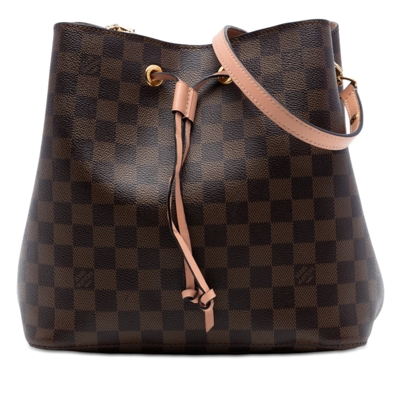 Louis Vuitton NeoNoe MM Damier Ebene Brown Bag: Louis Vuitton NeoNoe MM Damier Ebene Brown Bag This Louis Vuitton Damier Ebene NeoNoe MM features a signature Damier Ebene canvas exterior with a flat leather strap, an open top secured by a drawstrin