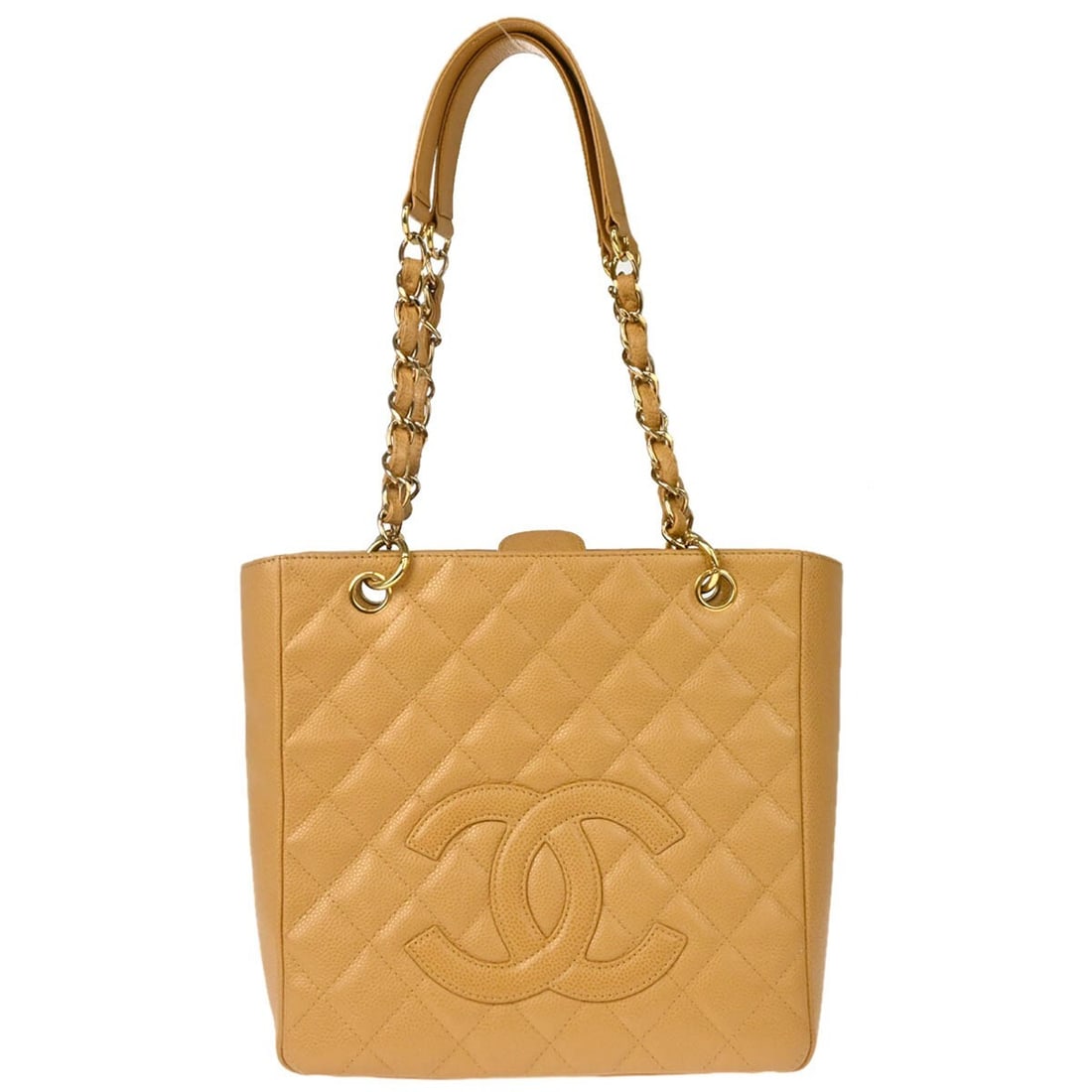 Chanel PST Petite Shopping Tote Beige Caviar Leather Chain Bag: Chanel PST Petite Shopping Tote Beige Caviar Leather Chain Bag Chanel Petite Shopping Tote PST chain handbag in beige caviar skin leather with a quilted design and magnetic closure. This women's tote 