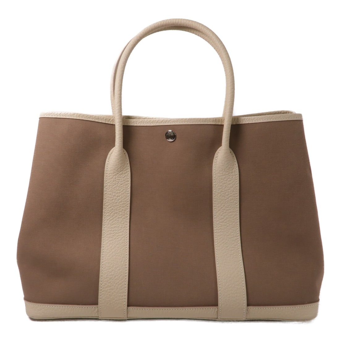 Hermes Garden Party PM Toile H Canvas Handbag Etoupe Nata PHW: Hermes Garden Party PM Toile H Canvas Handbag Etoupe Nata PHW Hermes Garden Party PM handbag in Toile H canvas and canvas, presented in Etoupe/Nata and Beige x Etoupe/Nata colorway. It features a hook