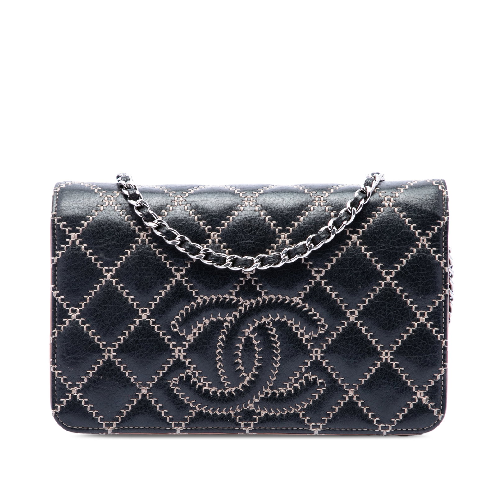Chanel Stitched CC Wallet on Chain Black Quilted Calfskin: Chanel Stitched CC Wallet on Chain Black Quilted Calfskin A black crossbody wallet on chain bag with a leather body, double stitching details, a leather woven chain strap, and a front flap with snap b