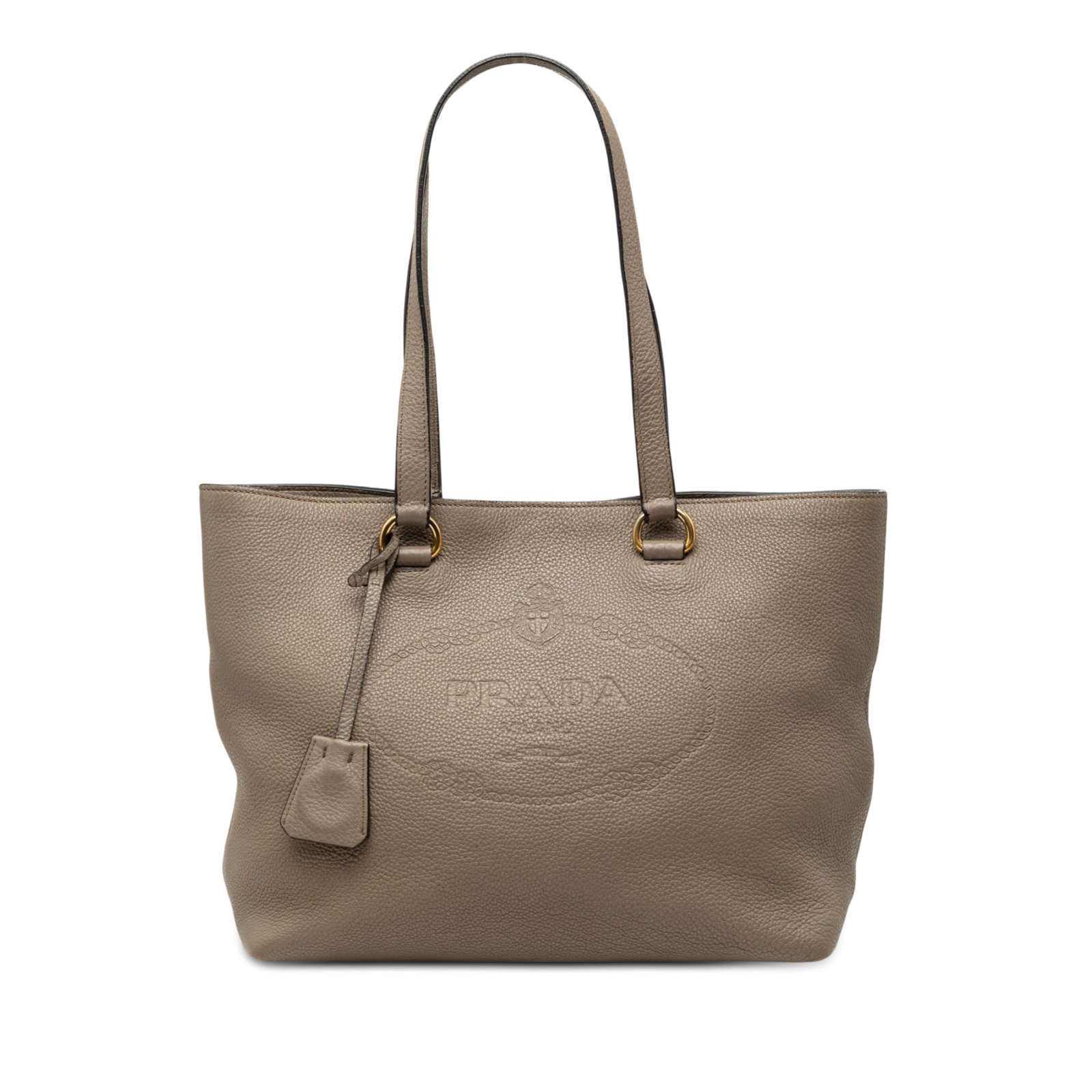 Prada Vitello Daino Canapa Brown Leather Tote Bag with Logo: Prada Vitello Daino Canapa Brown Leather Tote Bag with Logo This Prada Vitello Daino Canapa Logo Tote features a brown leather body with flat leather straps, an open top with magnetic snap closure, an