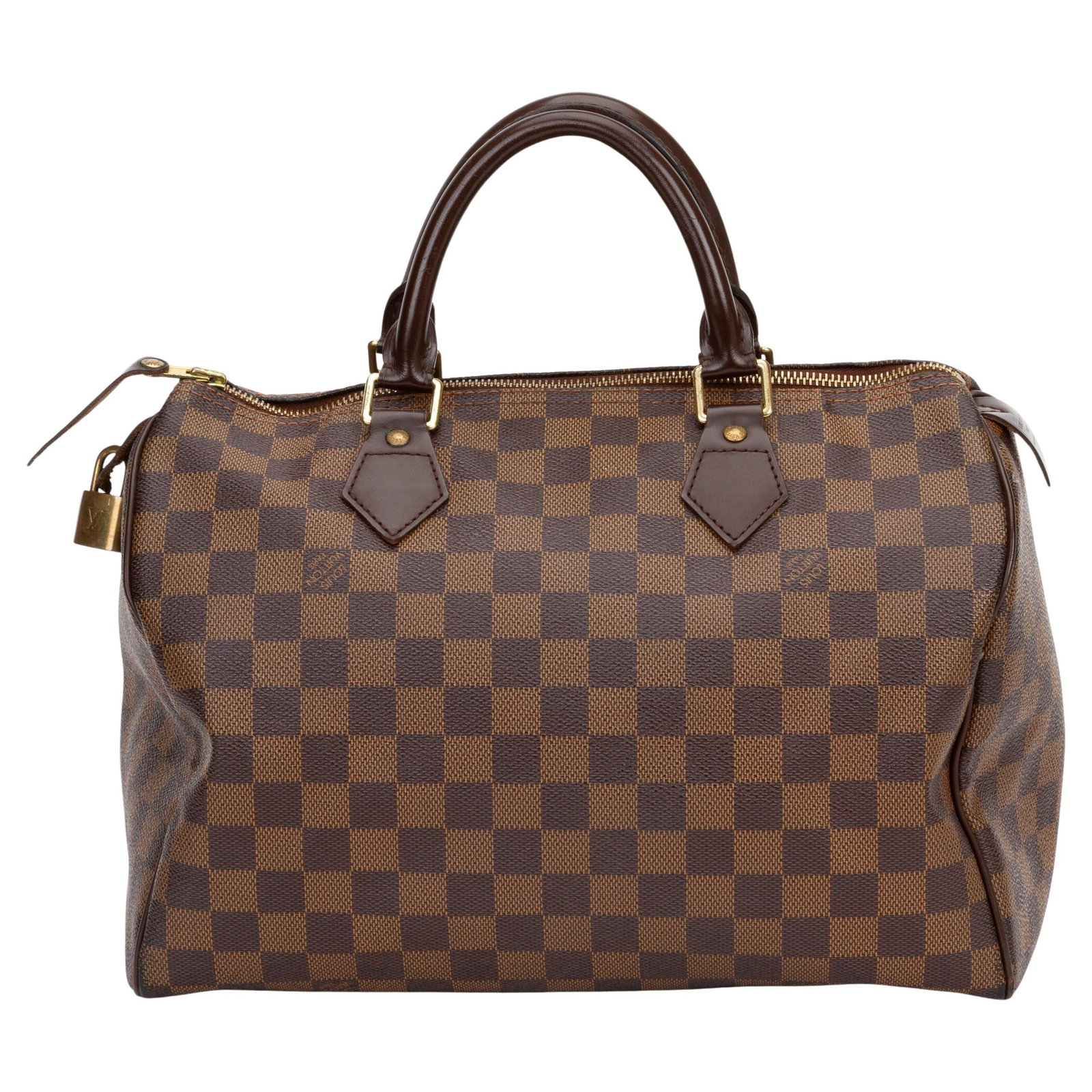Louis Vuitton Speedy 30 Handbag Damier Ebene Canvas with Lock: Louis Vuitton Speedy 30 Handbag Damier Ebene Canvas with Lock Louis Vuitton Speedy 30 Damier Ebene handbag with the classic Damier Ebene canvas exterior, leather handles, and zip-top closure. The bag 