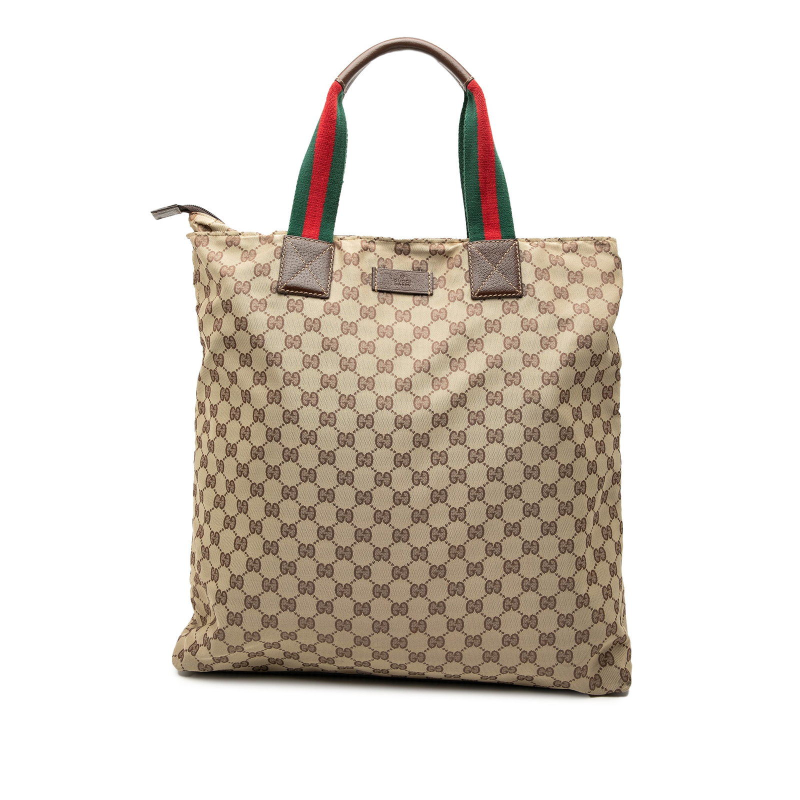Gucci GG Canvas Web Stripe Beige Vertical Tote Bag: Gucci GG Canvas Web Stripe Beige Vertical Tote Bag This Gucci GG Canvas Web Vertical Tote features a beige canvas body with leather trim, flat leather handles with web strap details, a top zip closure