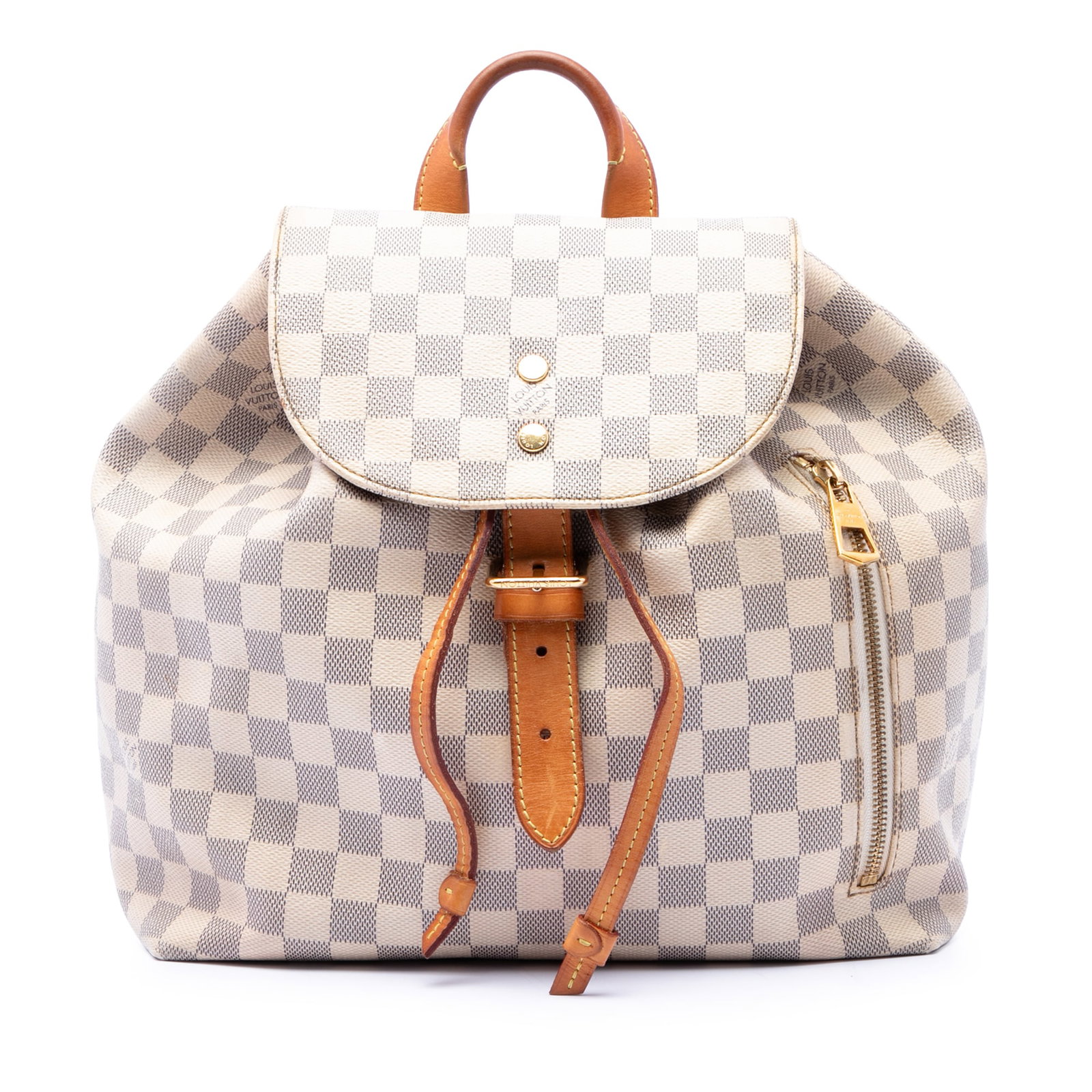 Louis Vuitton Sperone Backpack in Damier Azur Canvas: Louis Vuitton Sperone Backpack in Damier Azur Canvas Louis Vuitton Damier Azur Sperone bag crafted with a damier canvas body, rolled vachetta leather top handle, and leather back straps. The design fe