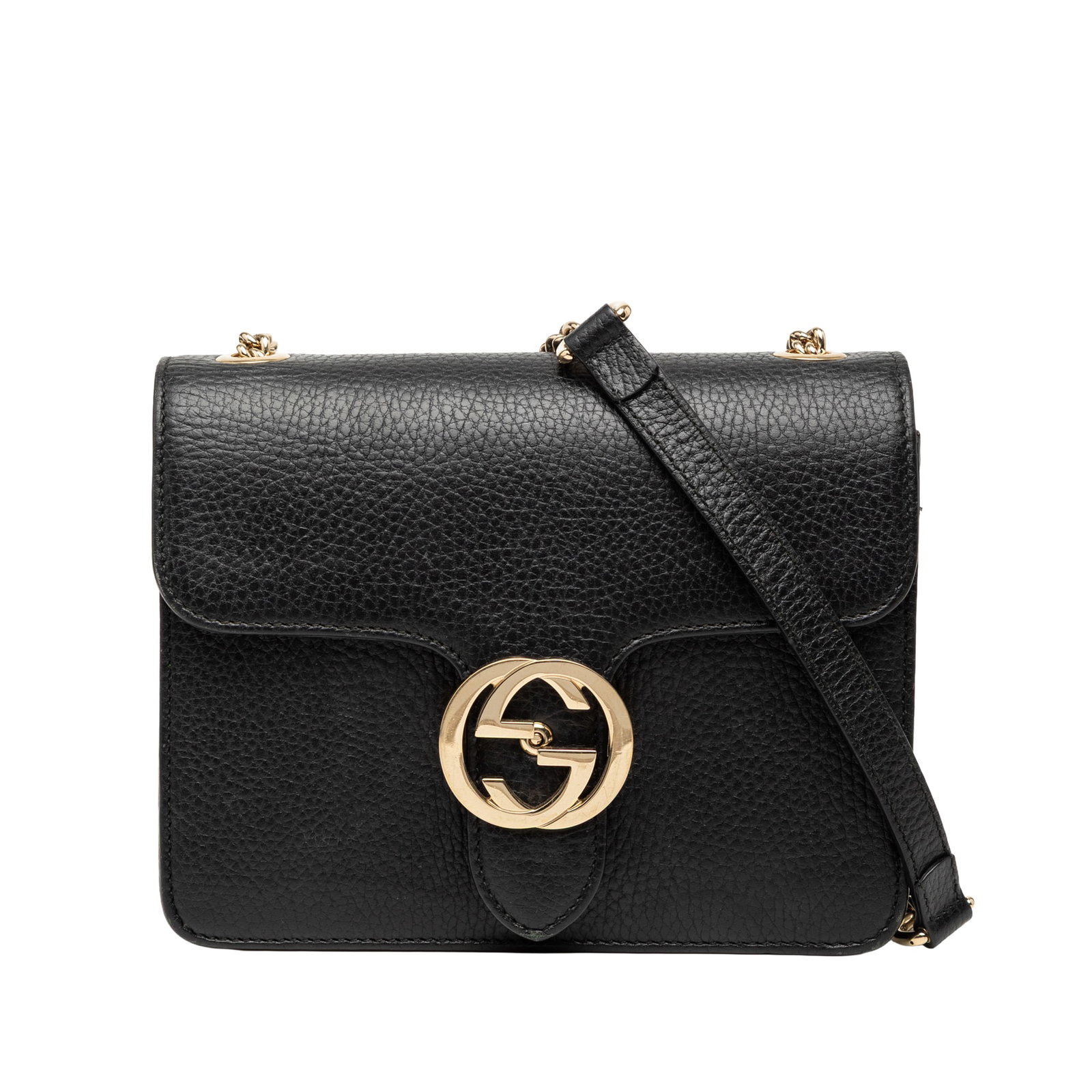 Gucci Interlocking G Small Leather Crossbody Shoulder Bag Black: Gucci Interlocking G Small Leather Crossbody Shoulder Bag Black This Gucci Small Dollar Calfskin Interlocking G Crossbody bag is crafted in black leather and features a chain-link shoulder strap with 